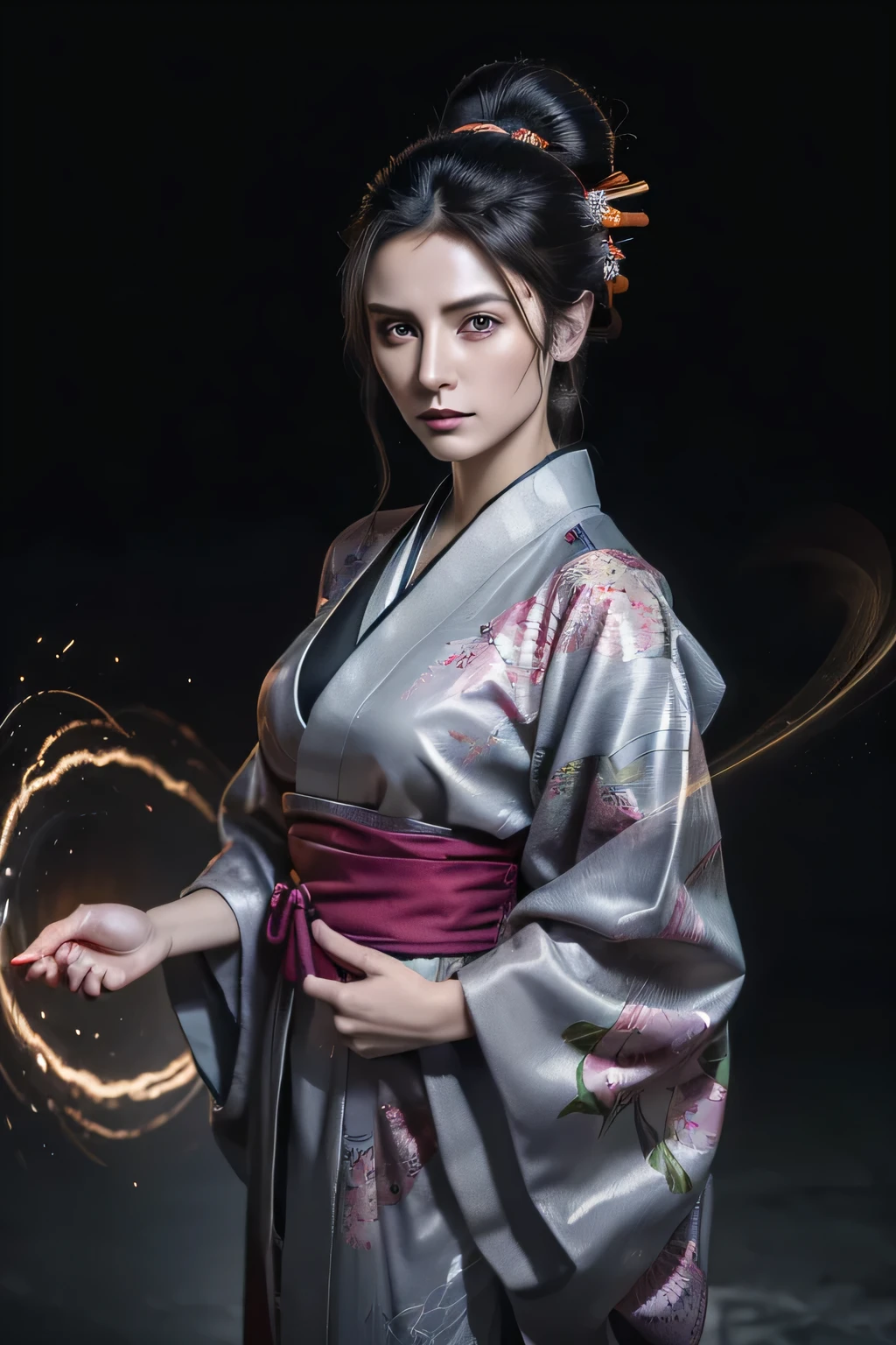 (dramatic digital artwork:1.3) of,(full of energy:1.3) portrait of female (Snezana Sakovic 2:1.1) wearing a kimono, Style-Silva Magic, おしゃれな女of子,cgsociety,art station