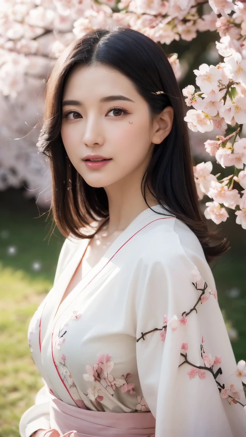 (logo、masterpiece、8k、table top、RAW photo、wonderful、最high quality、Photorealistic and hvery detailed CG integrated 8k wallpaper、high quality、very detailed、Narrative poem、particle effects、dynamic effects、written boundary depth、cinematic light、Lens flare、ray tracing)、fantasy、 (1 beautiful woman、white kimono、Japan Dress、white cherry blossom pattern、White cherry blossom embroidery pattern、black haired、beautiful face、real face、beautiful details eyes beautiful skin)、Hair flutters in Wind、hair bounces、pink cherry tree、petals dance、SakuraFubuki、wonderful景色、sunrise、sun on background、Wind、god々、teeth、god話、vast land