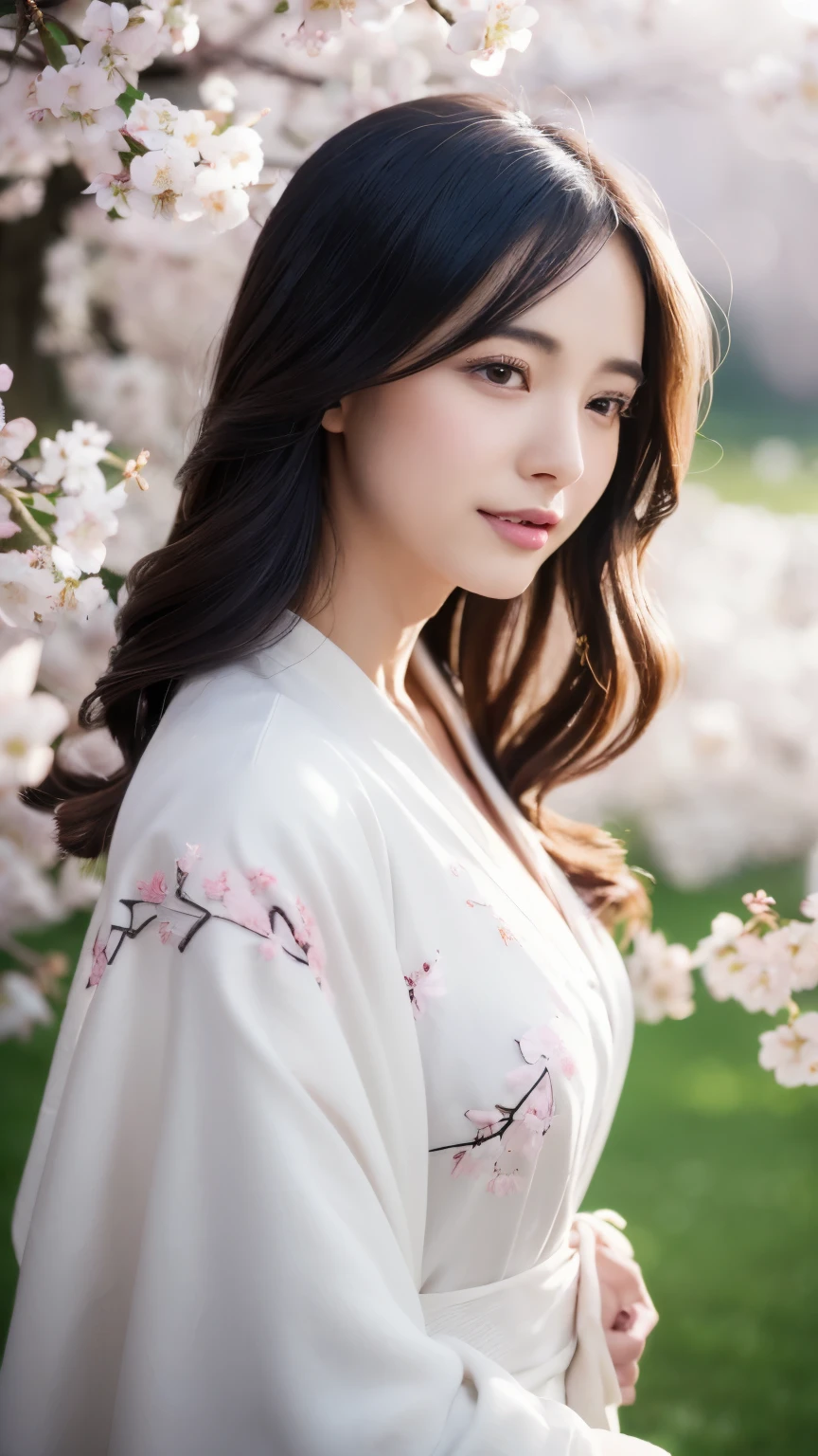 (logo、masterpiece、8k、table top、RAW photo、wonderful、最high quality、Photorealistic and hvery detailed CG integrated 8k wallpaper、high quality、very detailed、Narrative poem、particle effects、dynamic effects、written boundary depth、cinematic light、Lens flare、ray tracing)、fantasy、 (1 beautiful woman、white kimono、Japan Dress、white cherry blossom pattern、White cherry blossom embroidery pattern、black haired、beautiful face、real face、beautiful details eyes beautiful skin)、Hair flutters in Wind、hair bounces、pink cherry tree、petals dance、SakuraFubuki、wonderful景色、sunrise、sun on background、Wind、god々、teeth、god話、vast land