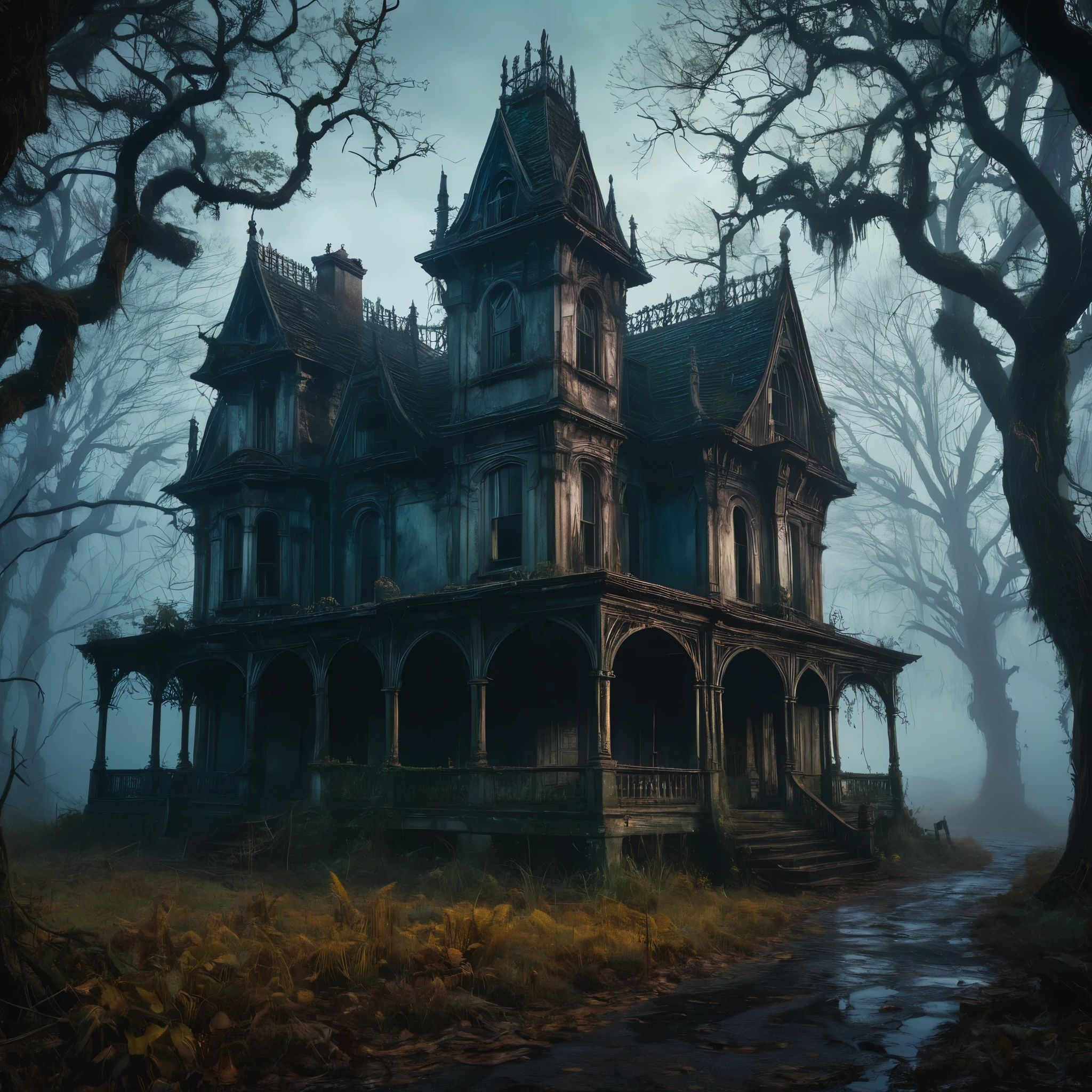 (best quality,8k,highres,masterpiece:1.2),hyper realistic,(Southern Gothic),(vibrant colors,sharp crisp image),detailed setting,dark atmosphere,rich textures,mysterious narrative,isolated,haunting beauty,subtle surrealism,unique character design,meticulous attention to detail,moody lighting,captivating composition,emotive,compelling storytelling,nostalgic feel,strange and intriguing,hauntingly beautiful landscape,decaying architecture,eerie ambiance,gothic elegance,twisted elements,enchanted forest,vivid tones,foggy backdrop,pristine realism,dreamlike imagery,contrasting shadows,ethereal presence.

hint: Please copy the content above into the assessment box and submit it as your answer。