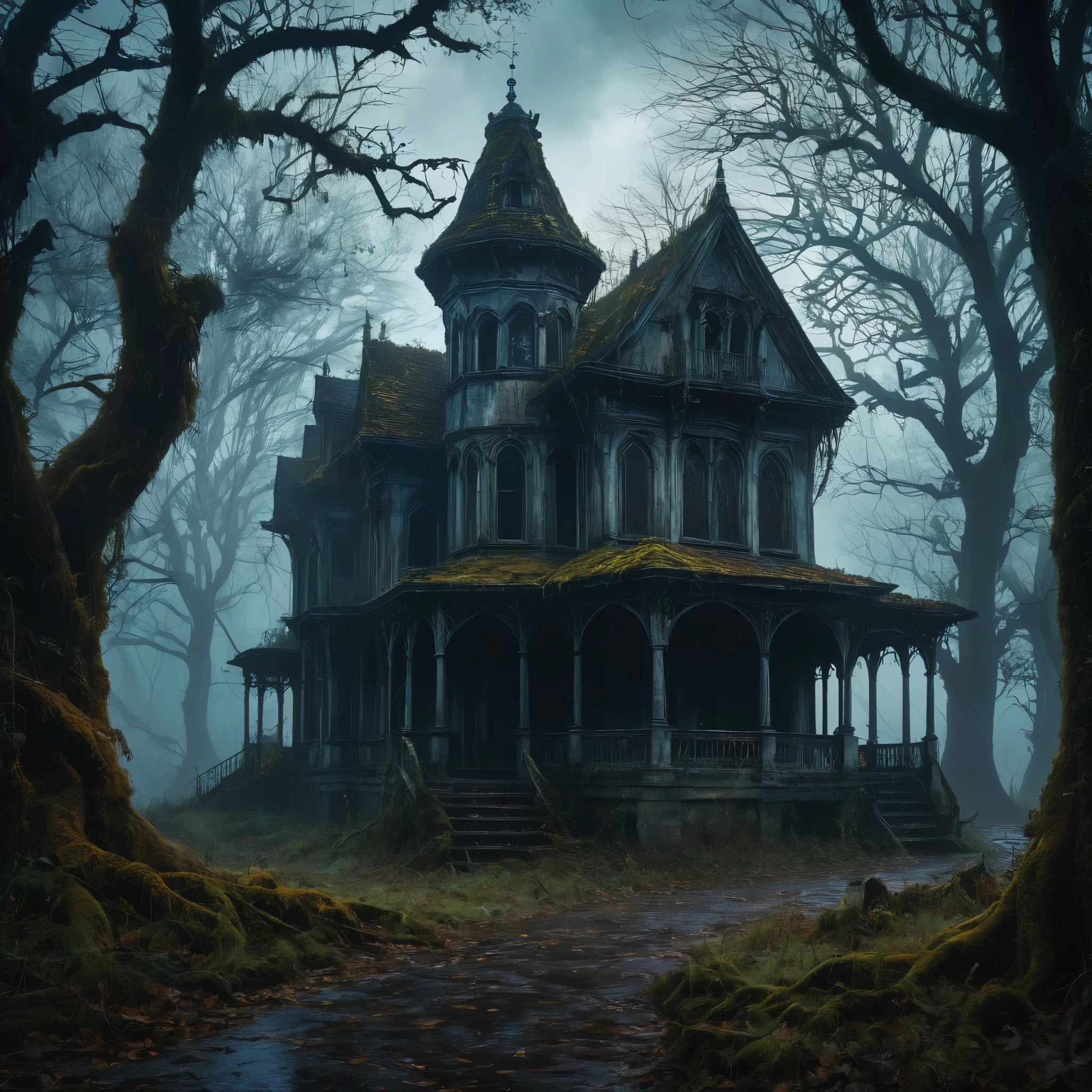 (best quality,8k,highres,masterpiece:1.2),hyper realistic,(Southern Gothic),(vibrant colors,sharp crisp image),detailed setting,dark atmosphere,rich textures,mysterious narrative,isolated,haunting beauty,subtle surrealism,unique character design,meticulous attention to detail,moody lighting,captivating composition,emotive,compelling storytelling,nostalgic feel,strange and intriguing,hauntingly beautiful landscape,decaying architecture,eerie ambiance,gothic elegance,twisted elements,enchanted forest,vivid tones,foggy backdrop,pristine realism,dreamlike imagery,contrasting shadows,ethereal presence.

hint: Please copy the content above into the assessment box and submit it as your answer。