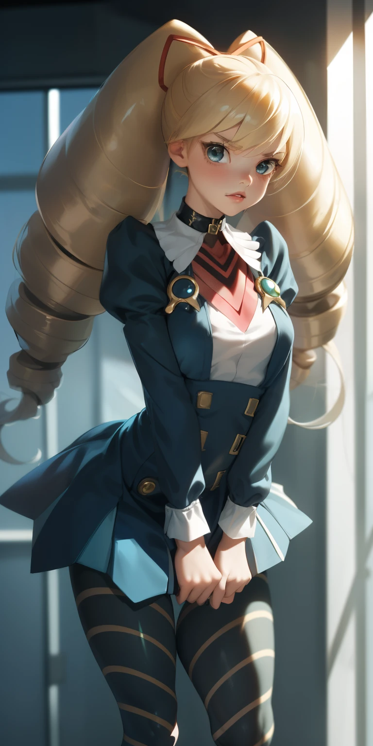 masterpiece,best quality,1girl,mmplatz,twintails,twin drills,dress,blue pantyhose,striped pantyhose, Female, standing, straight, looking at viewer, handcuffs on their hands, with a collar around the neck, slave, ((black choker, shackles on legs and arms)), full lips, detailed eyes, perfect eyebrows,