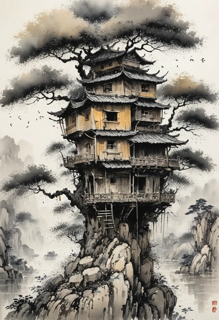 by Wu Guanzhong, ink and wash, Swallow Nest shaped Tree House, (best quality, perfect masterpiece, Representative work, official art, Professional, high details, Ultra intricate detailed:1.3)