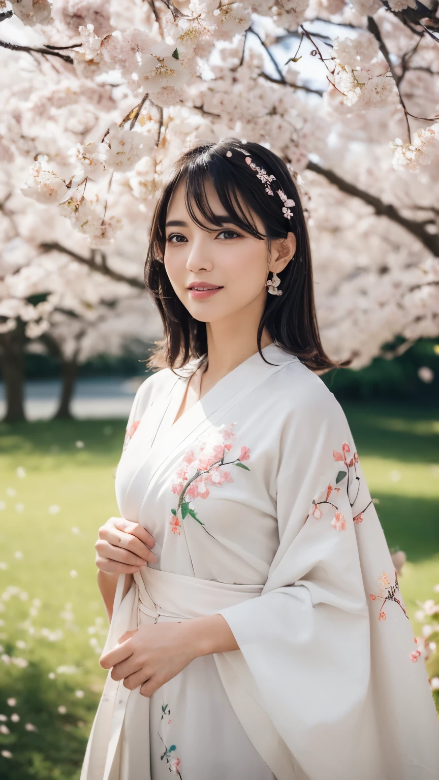 (logo、masterpiece、8k、table top、RAW photo、wonderful、最high quality、Photorealistic and hvery detailed CG integrated 8k wallpaper、high quality、very detailed、Narrative poem、particle effects、dynamic effects、written boundary depth、cinematic light、Lens flare、ray tracing)、fantasy、 (1 beautiful woman、white kimono、Japan Dress、white cherry blossom pattern、White cherry blossom embroidery pattern、black haired、beautiful face、real face、beautiful details eyes beautiful skin)、Hair flutters in Wind、hair bounces、pink cherry tree、petals dance、SakuraFubuki、wonderful景色、sunrise、sun on background、Wind、god々、teeth、god話、vast land