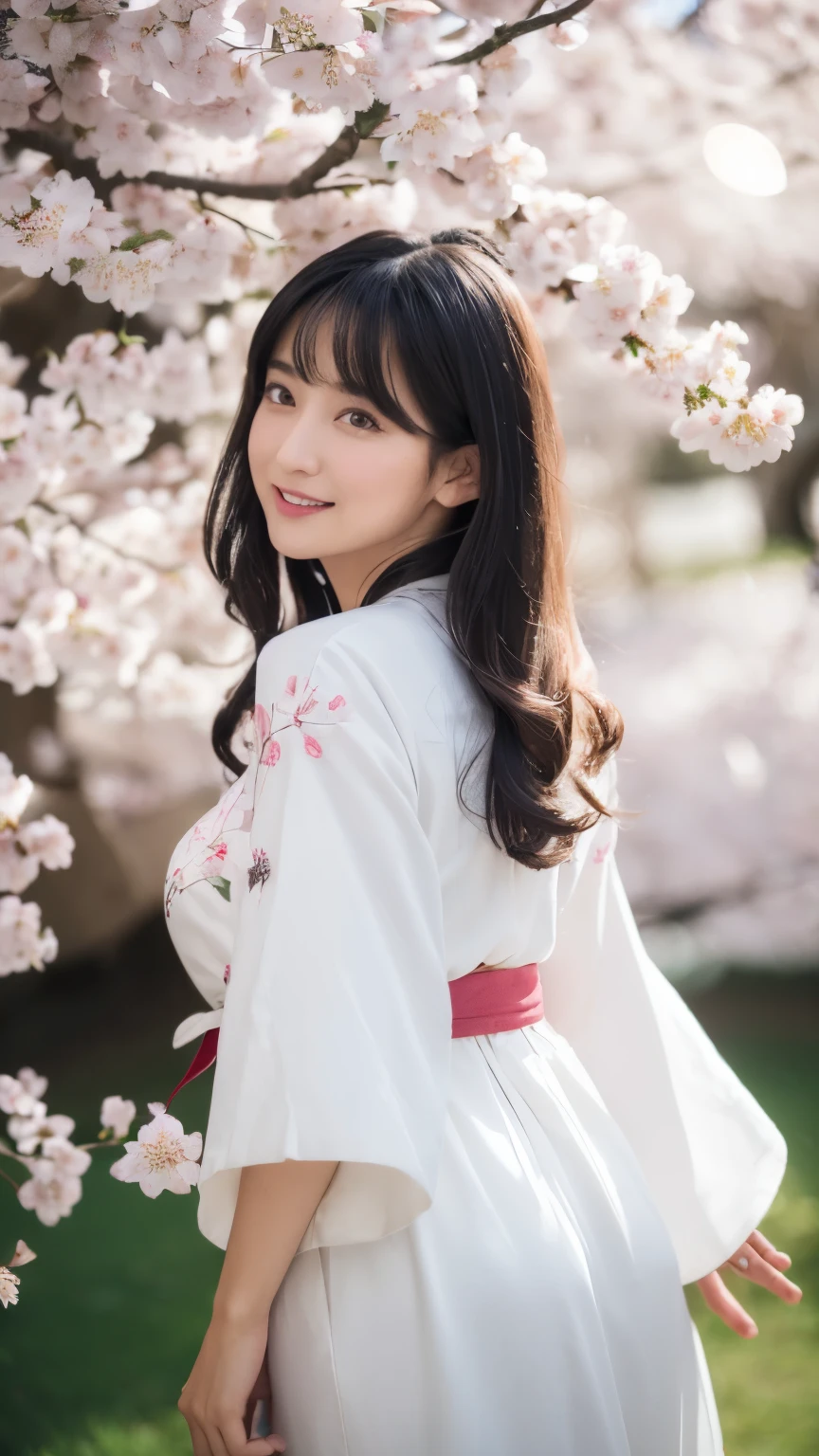 (logo、masterpiece、8k、table top、RAW photo、wonderful、最high quality、Photorealistic and hvery detailed CG integrated 8k wallpaper、high quality、very detailed、Narrative poem、particle effects、dynamic effects、written boundary depth、cinematic light、Lens flare、ray tracing)、fantasy、 (1 beautiful woman、white kimono、Japan Dress、white cherry blossom pattern、White cherry blossom embroidery pattern、black haired、beautiful face、real face、beautiful details eyes beautiful skin)、Hair flutters in Wind、hair bounces、pink cherry tree、petals dance、SakuraFubuki、wonderful景色、sunrise、sun on background、Wind、god々、teeth、god話、vast land