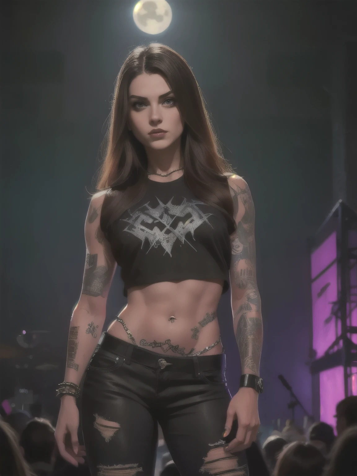 Best Quality,Masterpiece,Ultra High Resolution,(Realisticity:1.4),Original Photo,Cinematic Lighting, 1girl, solo, Metalhead Style ((ginger girl)) at night under the moonlight, wearing ripped black pants, black clothes, (spike and chains in clothes) , fit Hot body, (tattooed arm) , heavy metal style, photography, (((heavy metal concert background))) . realistic, datailed, detailed face, 4K.