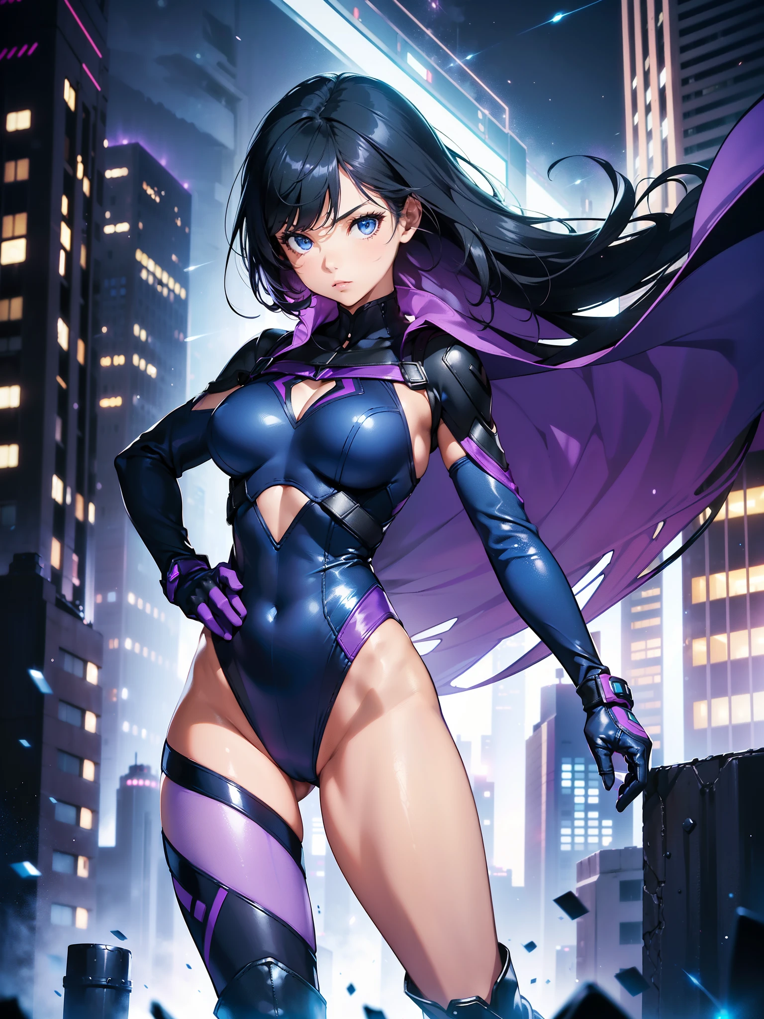 1girl. solo, solo focus, mature woman, superhero, (leotard, dark blue leotard witk purple accents, bare legs, boots, gloves), (inside a large atom, light particles), hand on hip, city backdrop, standing, black hair, dark blue eyes