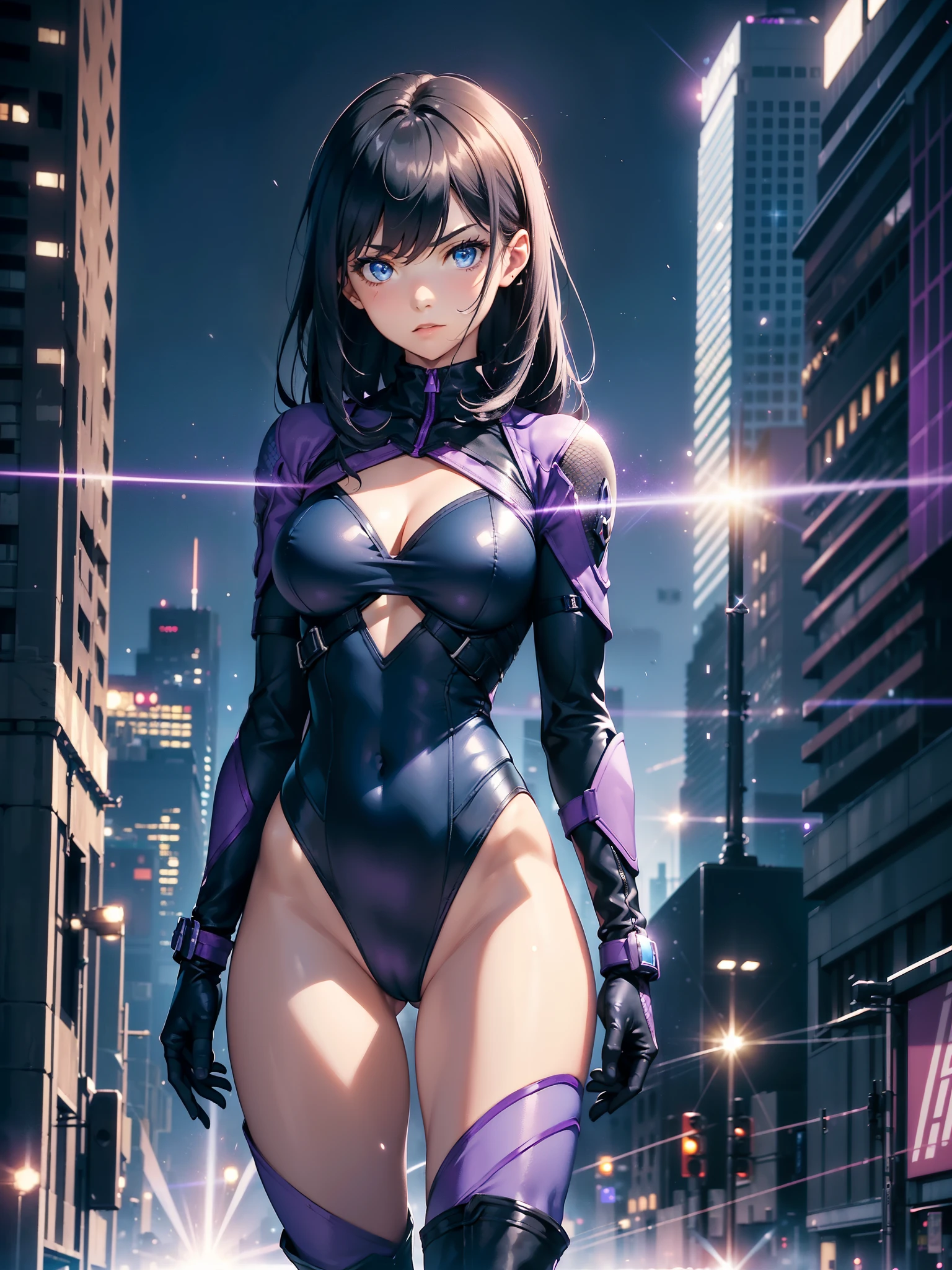 1girl. solo, solo focus, mature woman, superhero, (leotard, dark blue leotard witk purple accents, bare legs, boots, gloves), (inside a large atom, light particles), hand on hip, city backdrop, standing, black hair, dark blue eyes