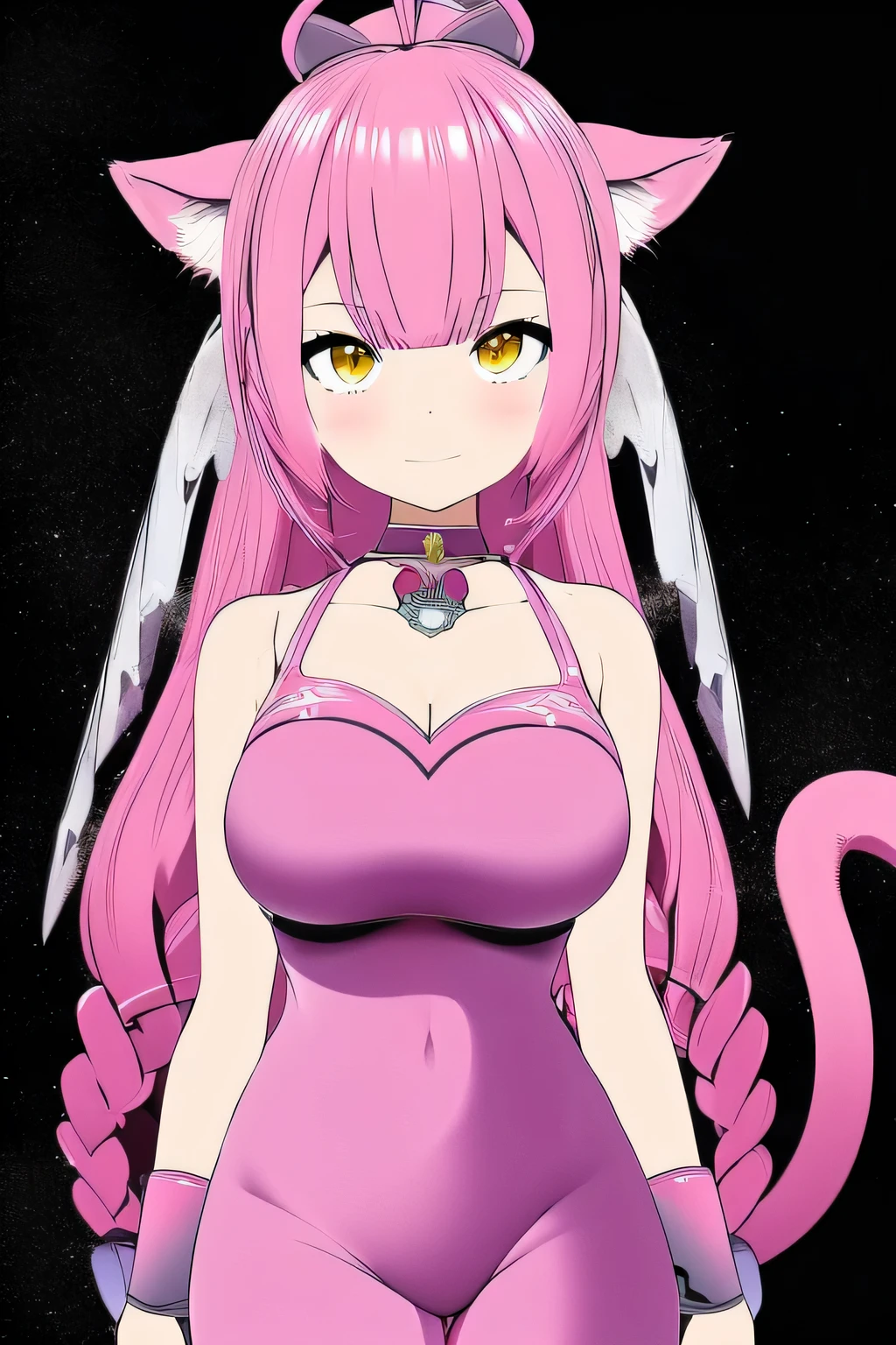 Chica anime con cola de leona y orejas de leona., (con un regalo en sus manos), (ojos amarillos), (cabello rosado) lorena, lorena ohimesama,