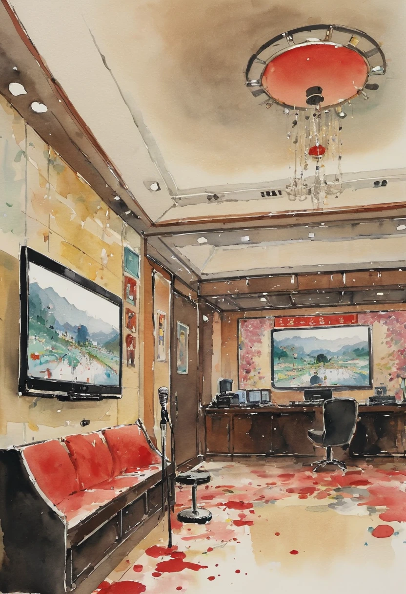 by Wu Guanzhong, watercolor art, KTV room, TV, microphone, sing, masterpiece, high details, intricate detailed
