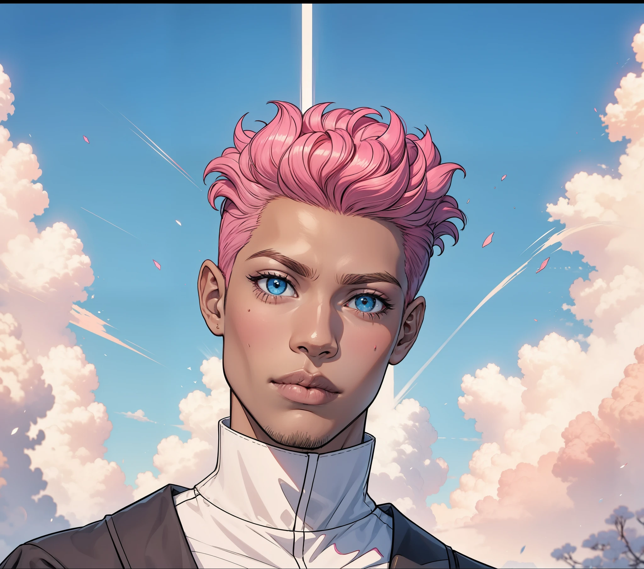(plain background). dark-skinned guy, pink hair