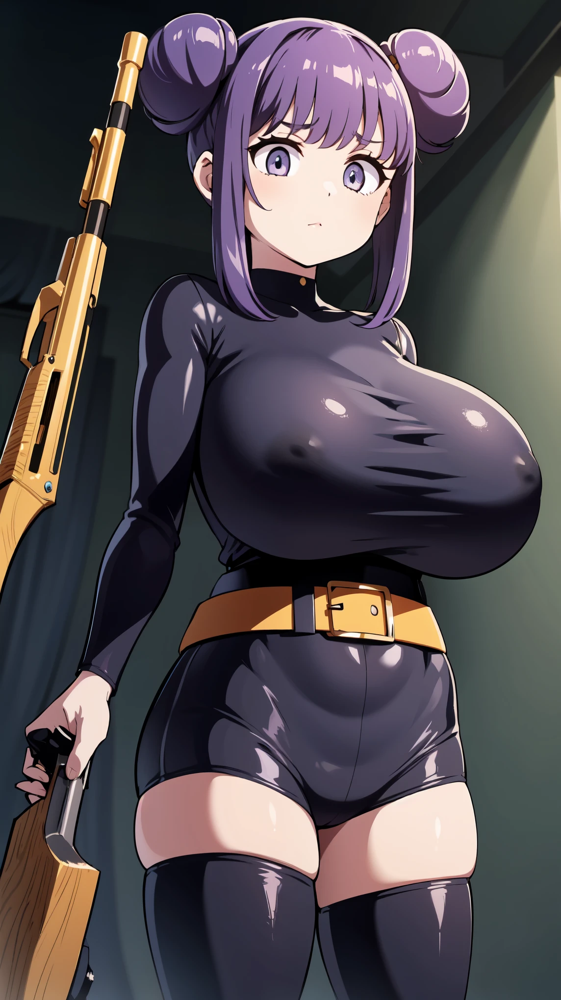 Slime girl, (slime), Slime hair Double buns hair style, Pumpkin Orange, weapon belt, Masterpiece, Best Quality, gigantic breasts, slime girl, slime girl, purple hair, lavender hair, yellow clothes, weapon belt around waistline, rifle, long rifle