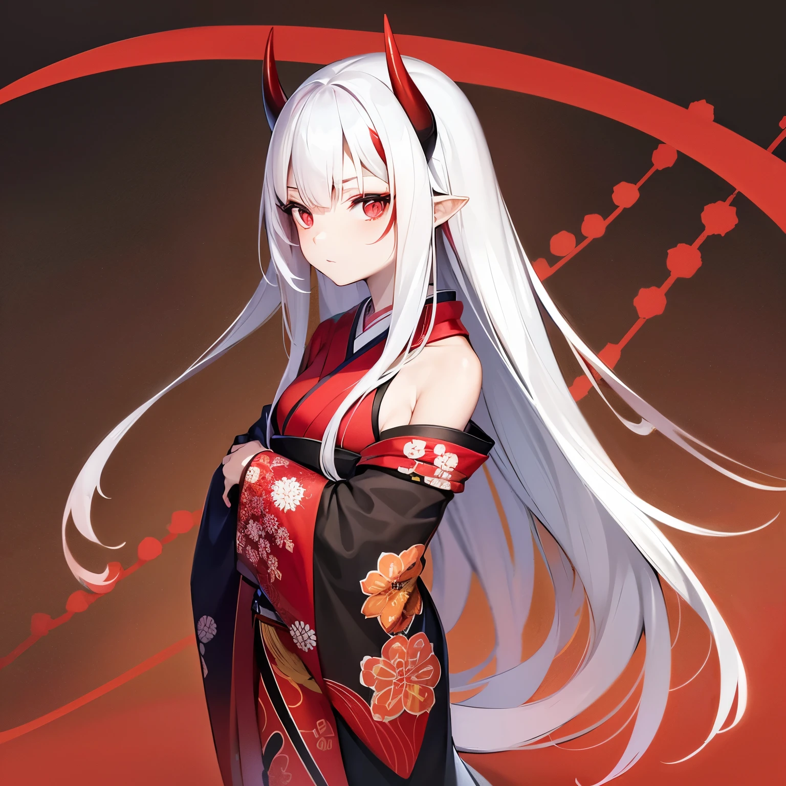 Japanese kimono red and black. Fair skin. 16 year old girl. Red eyes. White hair. Oni. Verticle horns. Shoulders showing. 1 person
