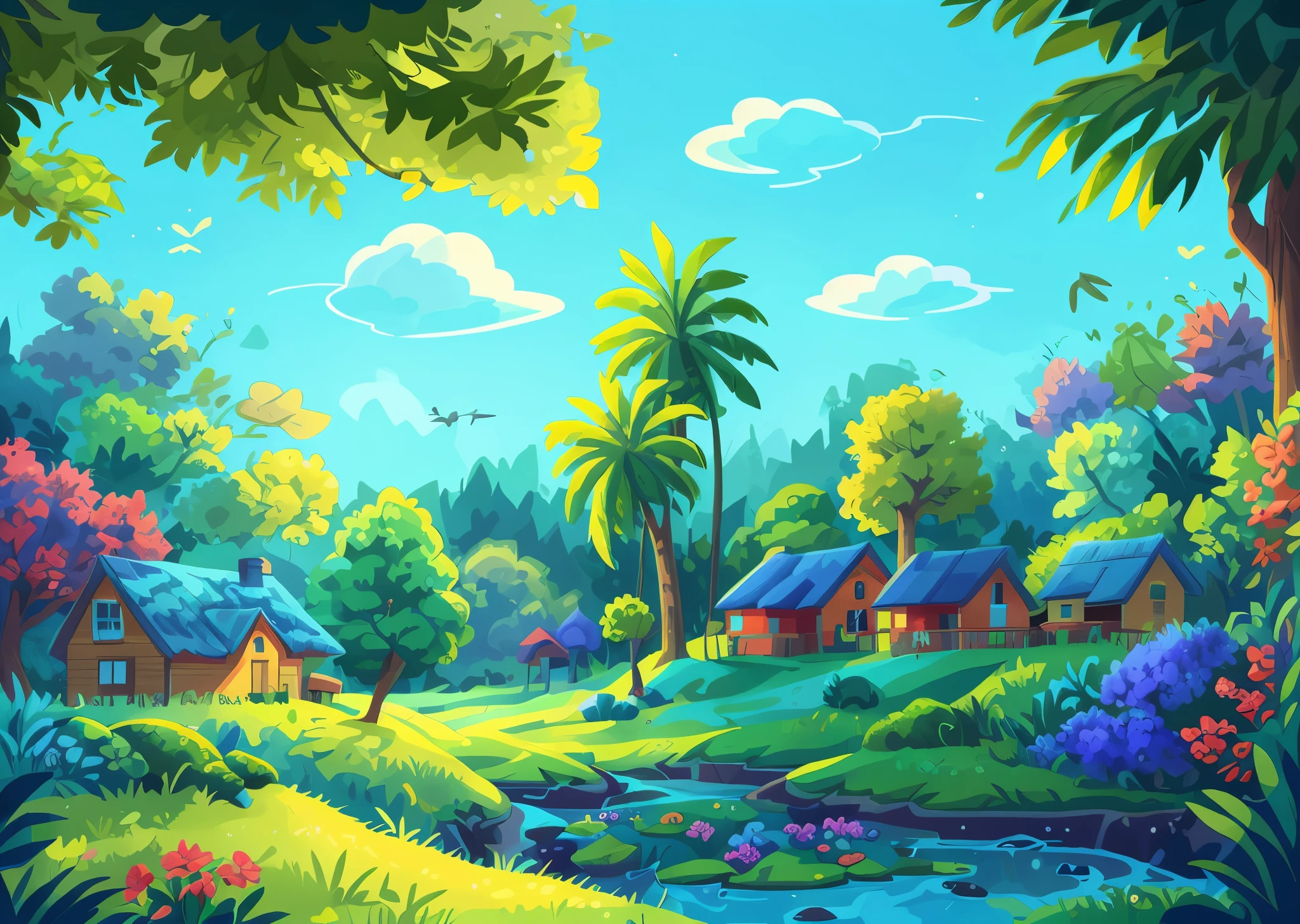Earth Day poster，flatillustration,  house，There are animals outside the house，edgBunny，There is a house on it，Room，A plant，Above is the sky，There are trees in the back，florals，scenecy，blue colors，green color，amarelo，simple backgound，Center composition，vivd colour，lightand shade contrast，hyper-high detail，4K，flatillustration