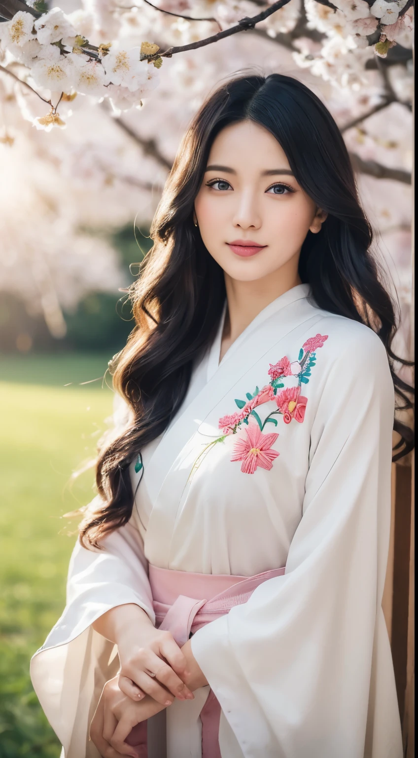(logo、masterpiece、8k、table top、RAW photo、wonderful、最high quality、Photorealistic and hvery detailed CG integrated 8k wallpaper、high quality、very detailed、Narrative poem、particle effects、dynamic effects、written boundary depth、cinematic light、Lens flare、ray tracing)、fantasy、 (1 beautiful woman、white kimono、Japan Dress、White cherry blossom embroidery pattern、black haired、beautiful face、real face、beautiful details eyes beautiful skin)、Hair flutters in Wind、hair bounces、pink cherry tree、petals dance、SakuraFubuki、wonderful景色、sunrise、sun on background、Wind、god々、teeth、god話、vast land