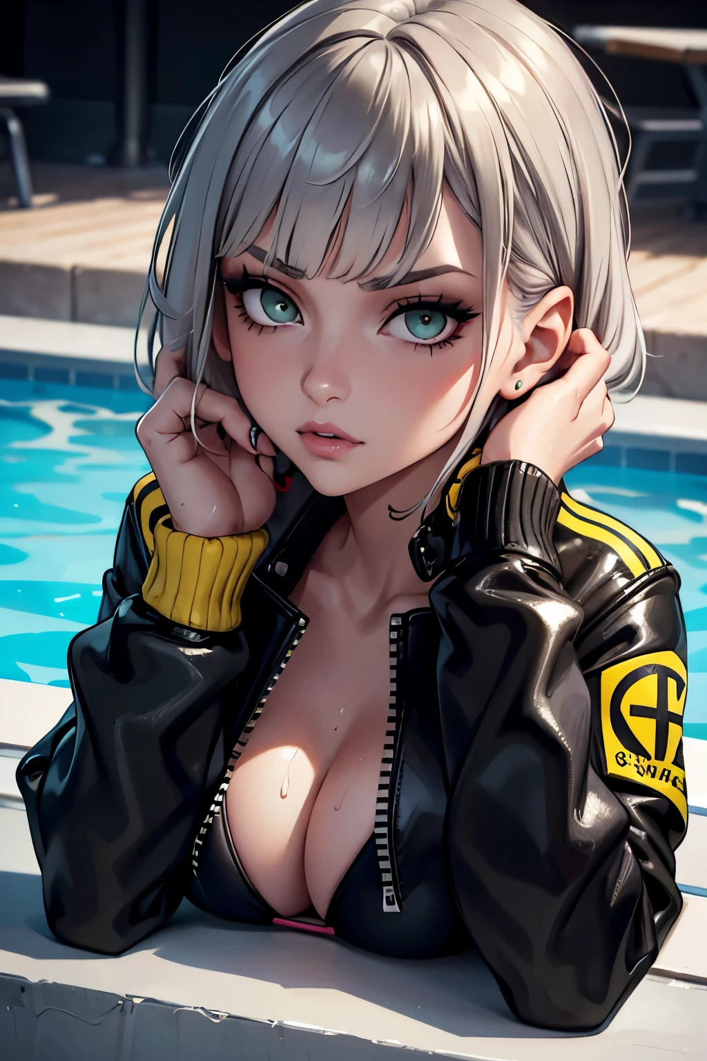 Paulina Andreeva in a black bikini with a yellow punk-style jacket, with wet skin, short gray hair with bangs covering her eyebrows and side bangs completed with red highlights, light green eyes and soft makeup in purple and black around her eyes, in a sensual pose close up from the pool in the apartment