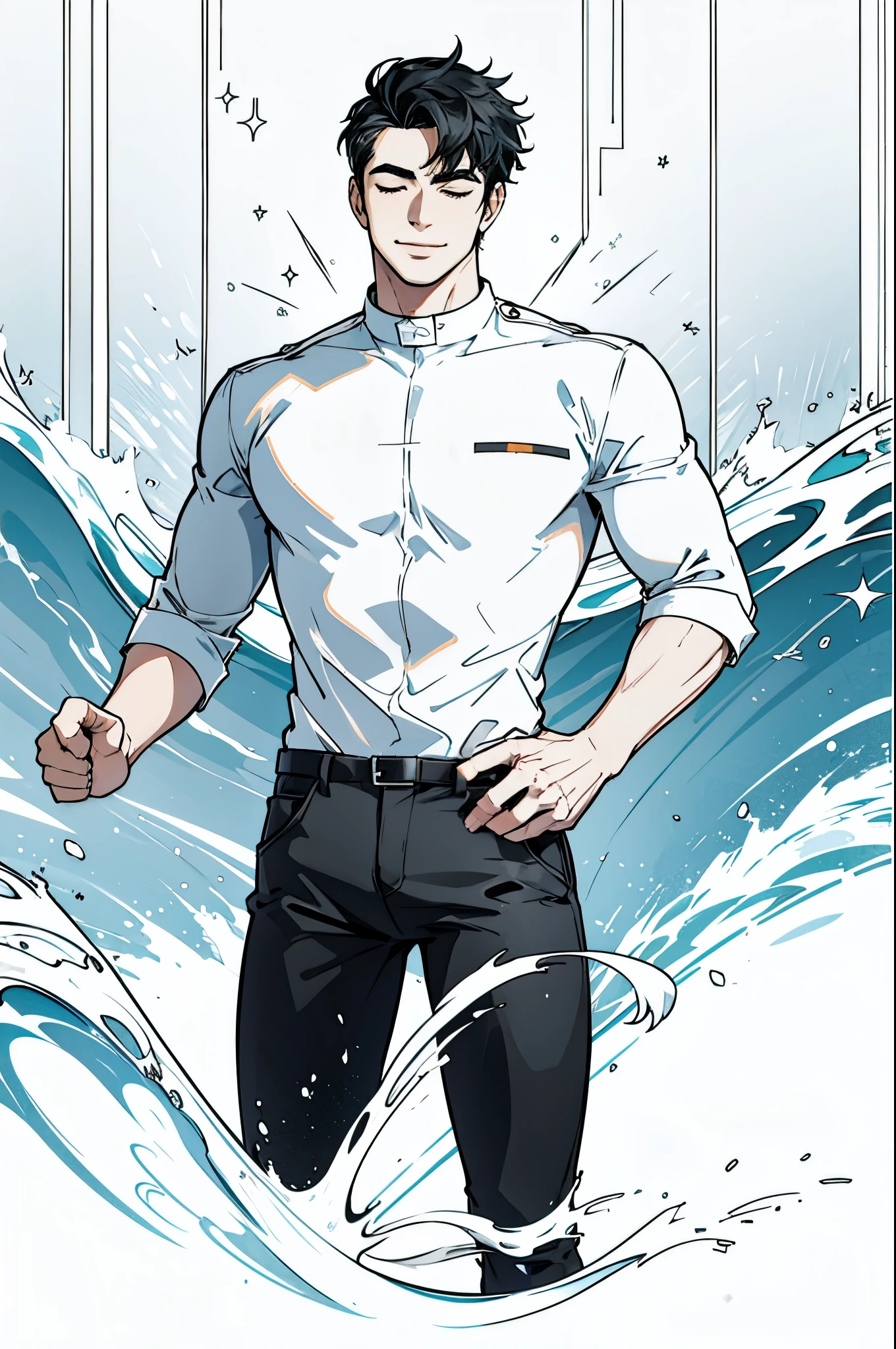 Handsome male with black hair pointing both hands to the viewer while smiling, eyes closed, white shirt and black pants, magic power