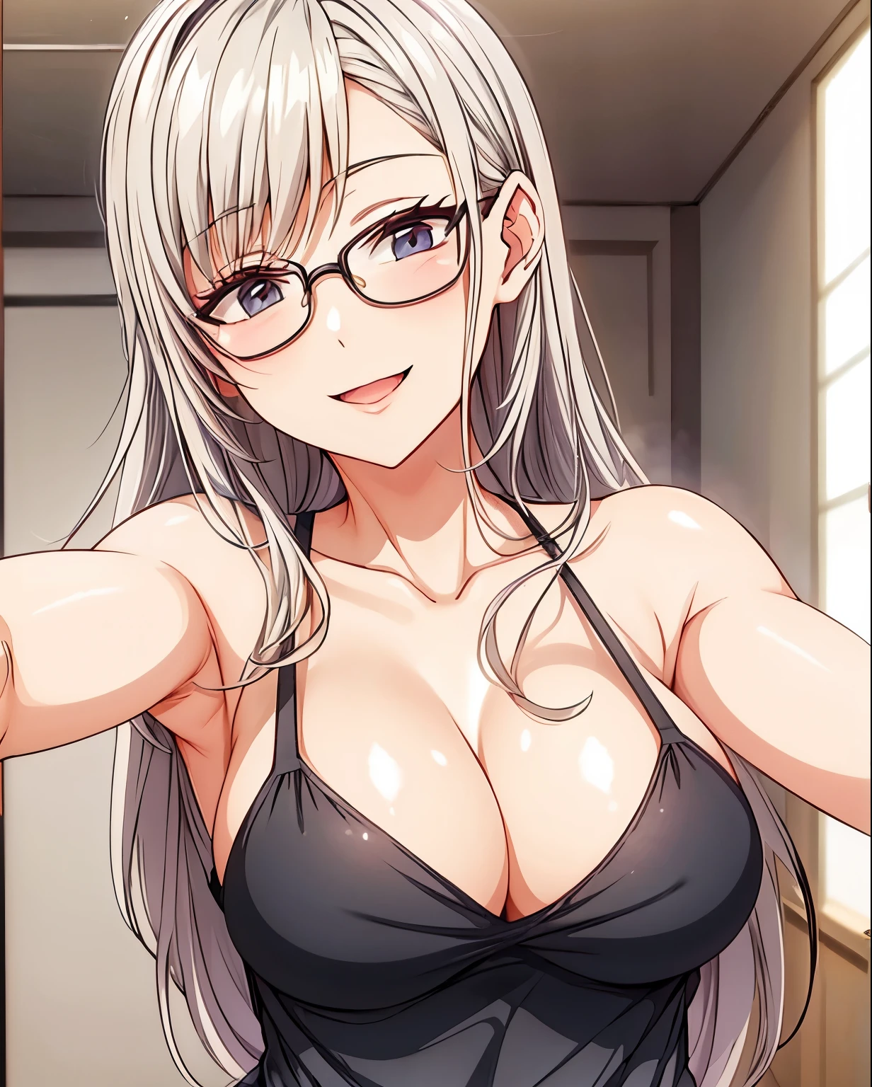 1 milf, long black hair, big breasts, wearing glasses, wearing a black tank top, smiling