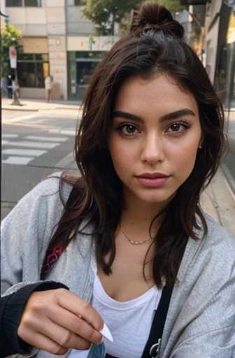 Influencer-Model, stunningly beautiful, gibt einem Obdachlosen Geld