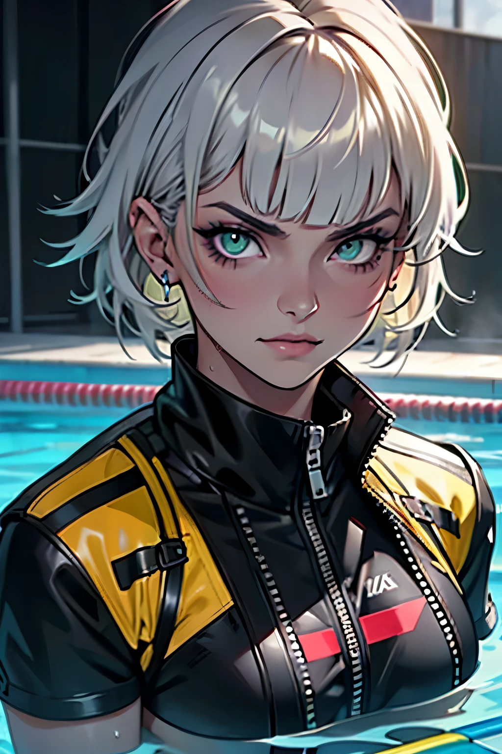 Paulina Andreeva in a black bikini with a yellow punk-style jacket, with wet skin, short gray hair with bangs covering her eyebrows and side bangs completed with red highlights, light green eyes and soft makeup in purple and black around her eyes, in a sensual pose close up from the pool in the apartment