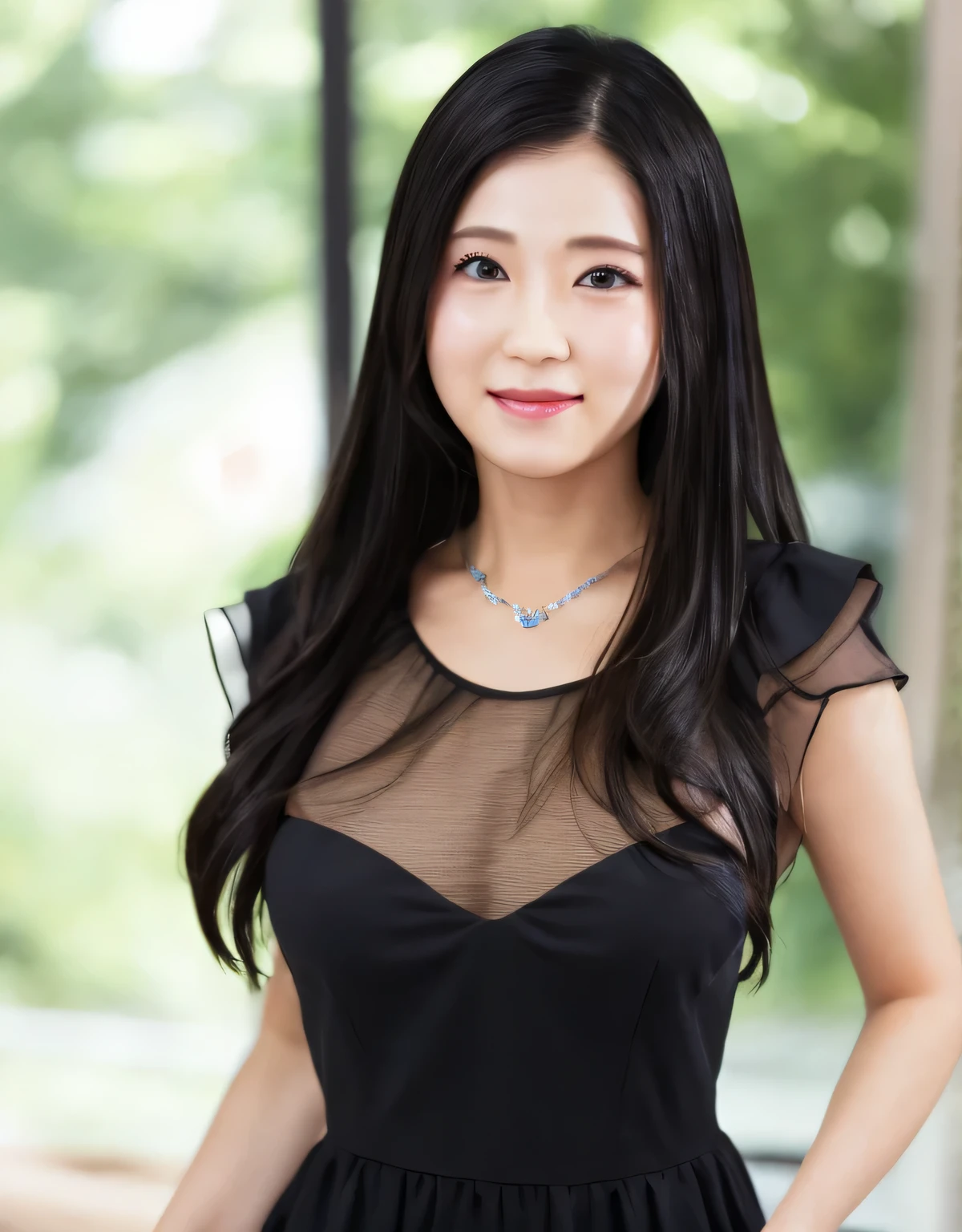 sekineakira,indoor,looking at the viewer,Are standing,((masterpiece)),((highest quality)),perfect anatomy,8k UHD,highly detailed face,((1 girl)),((alone)),(detailed and beautiful eyes:1.5),perfect image,(Upper body:1.1),(look ahead:1.1),turn your arms behind your back,slim waist,(shiny hair),super detailed,disorganized,((huge breasts)),black hair,amount,deep cleavage,smile,shiny skin,shiny black dress,black dress,