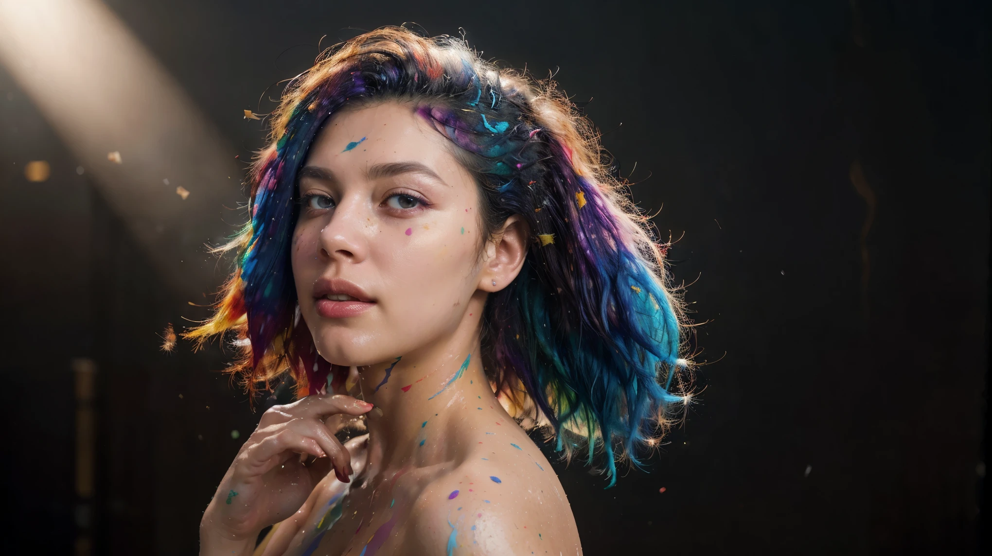 une femme de 25 ans, en sous vêtement, dans un atelier de peinture, bodypainting, explosion de couleurs, explosion de peinture, cheveux multicolor