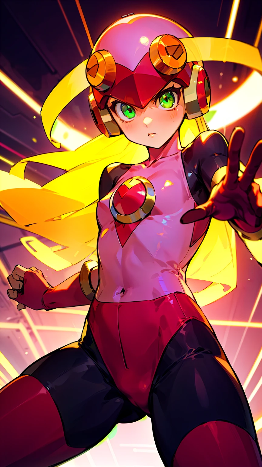 masterpiece,best quality,1girl,roll_exe_megamanbn,(helmet),blonde hair,long hair,leotard,green eyes,pink bodysuit,bodysuit,serious,action pose,glowing circuit background,