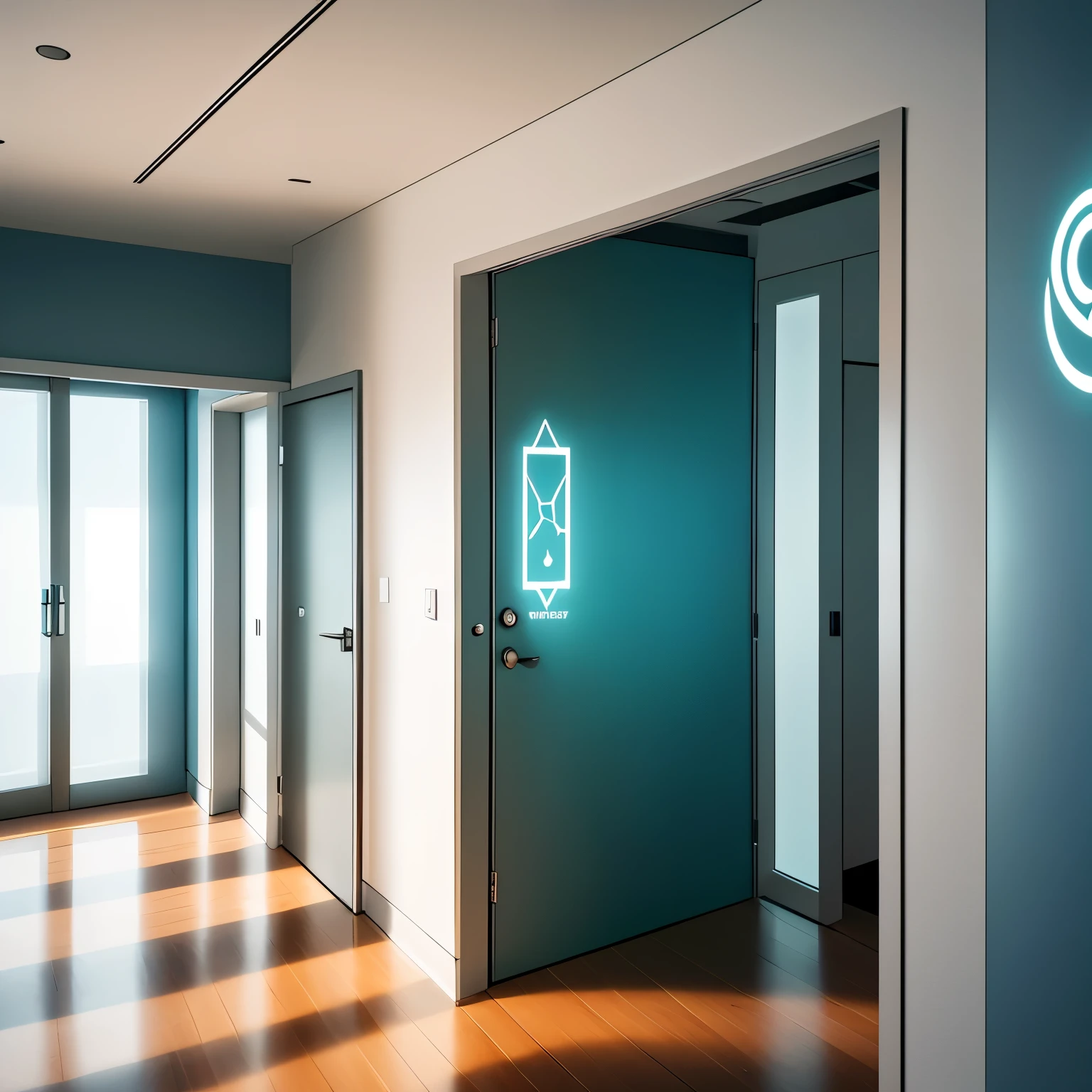In the heart of a modern, minimalist office, a sleek psychology logo glows on the wall. The logo, a stylized representation of a mind, is encircled by calming shades of blue and green. The lines are sharp and precise, each curve and angle radiantly rendered in 8k resolution. The logo emits a soft, soothing hum, a subtle reminder of the therapeutic space beyond the door. Its intricately designed contours reflect the complexity and depth of the human psyche, inviting exploration and understanding. The cool, ambient lighting casts long shadows, creating an inviting and contemplative atmosphere. The logo exudes a sense of professionalism and expertise,