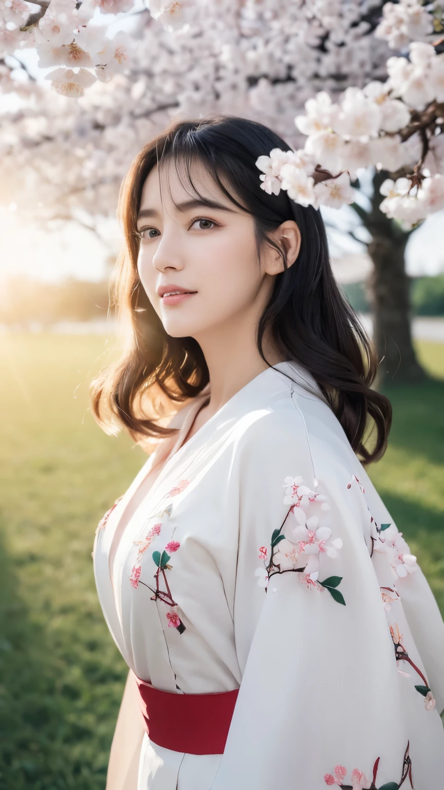 (logo、masterpiece、8k、table top、RAW photo、wonderful、最high quality、Photorealistic and hvery detailed CG integrated 8k wallpaper、high quality、very detailed、Narrative poem、particle effects、dynamic effects、written boundary depth、cinematic light、Lens flare、ray tracing)、fantasy、 (1 beautiful woman、white kimono、Japan Dress、white cherry blossom pattern、White cherry blossom embroidery pattern、black haired、beautiful face、real face、beautiful details eyes beautiful skin)、Hair flutters in Wind、hair bounces、pink cherry tree、petals dance、SakuraFubuki、wonderful景色、sunrise、sun on background、Wind、god々、teeth、god話、vast land