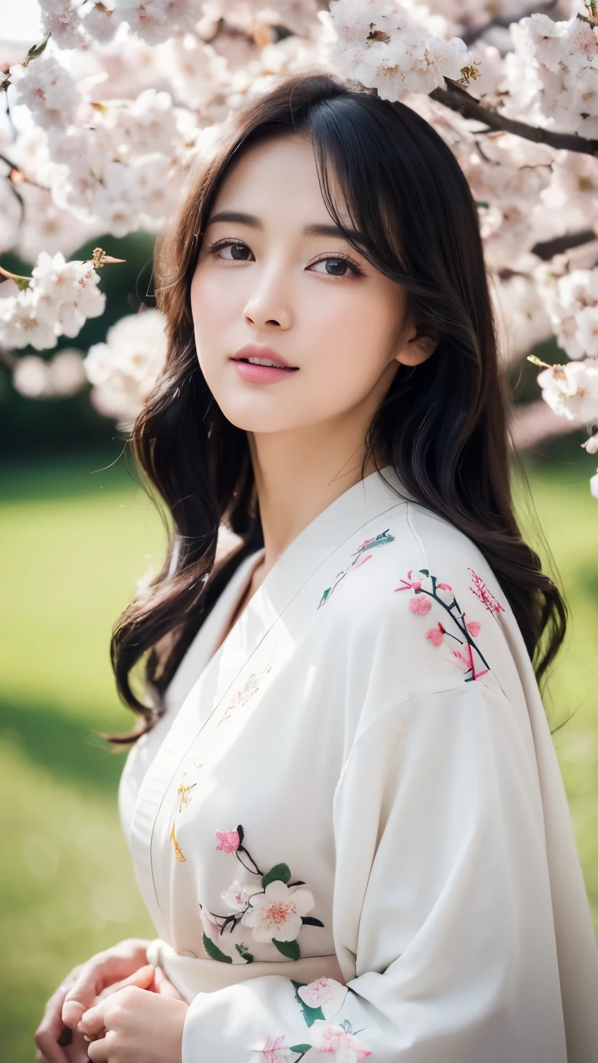 (logo、masterpiece、8k、table top、RAW photo、wonderful、最high quality、Photorealistic and hvery detailed CG integrated 8k wallpaper、high quality、very detailed、Narrative poem、particle effects、dynamic effects、written boundary depth、cinematic light、Lens flare、ray tracing)、fantasy、 (1 beautiful woman、white kimono、Japan Dress、white cherry blossom pattern、White cherry blossom embroidery pattern、black haired、beautiful face、real face、beautiful details eyes beautiful skin)、Hair flutters in Wind、hair bounces、pink cherry tree、petals dance、SakuraFubuki、wonderful景色、sunrise、sun on background、Wind、god々、teeth、god話、vast land