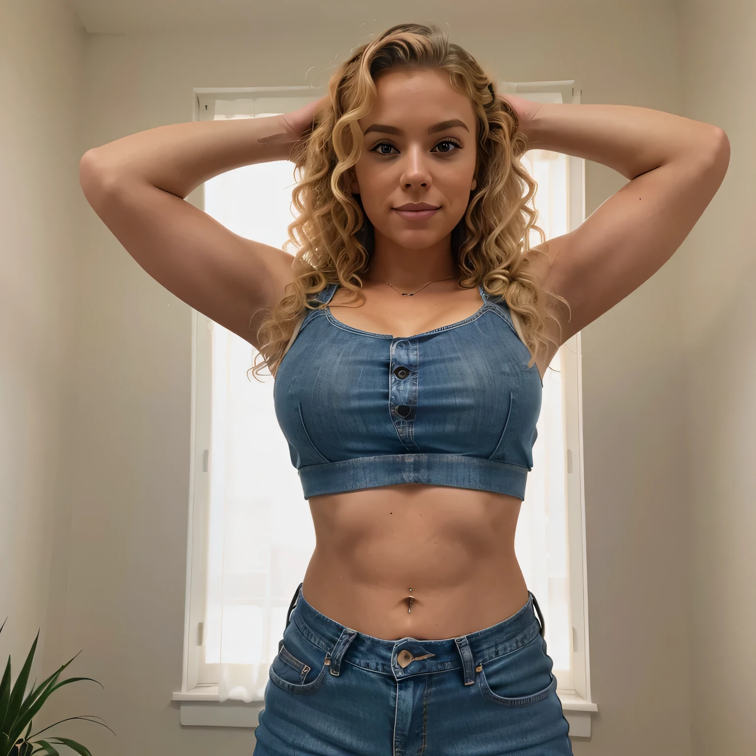 Image 4k d'a very tanned blonde woman, curly blonde hair, dressed in'un jean crop top, age 22 ans, fille en forme