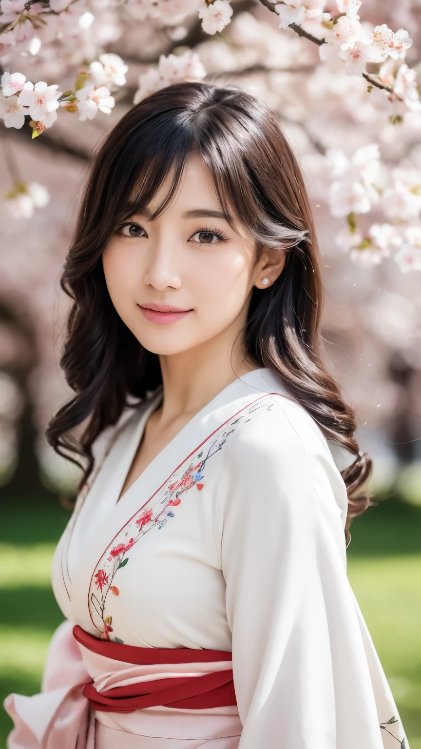(logo、masterpiece、8k、table top、RAW photo、wonderful、最high quality、Photorealistic and hvery detailed CG integrated 8k wallpaper、high quality、very detailed、Narrative poem、particle effects、dynamic effects、written boundary depth、cinematic light、Lens flare、ray tracing)、fantasy、 (1 beautiful woman、white kimono、Japan Dress、white cherry blossom pattern、White cherry blossom embroidery pattern、black haired、beautiful face、real face、beautiful details eyes beautiful skin)、Hair flutters in Wind、hair bounces、pink cherry tree、petals dance、SakuraFubuki、wonderful景色、sunrise、sun on background、Wind、god々、teeth、god話、vast land