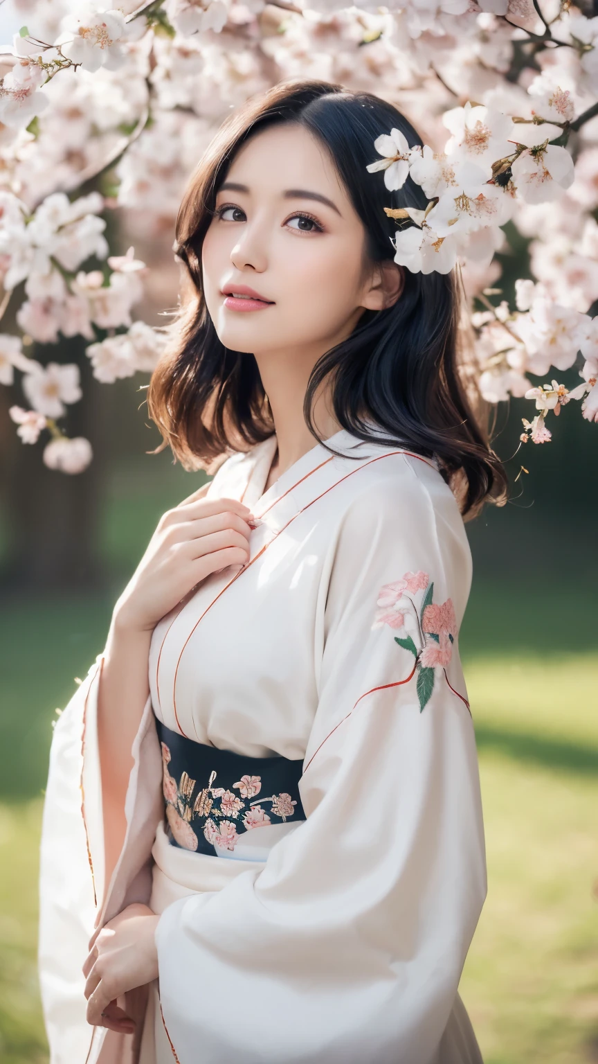 (logo、masterpiece、8k、table top、RAW photo、wonderful、最high quality、Photorealistic and hvery detailed CG integrated 8k wallpaper、high quality、very detailed、Narrative poem、particle effects、dynamic effects、written boundary depth、cinematic light、Lens flare、ray tracing)、fantasy、 (1 beautiful woman、white kimono、Japan Dress、white cherry blossom pattern、White cherry blossom embroidery pattern、black haired、beautiful face、real face、beautiful details eyes beautiful skin)、Hair flutters in Wind、hair bounces、pink cherry tree、petals dance、SakuraFubuki、wonderful景色、sunrise、sun on background、Wind、god々、teeth、god話、vast land