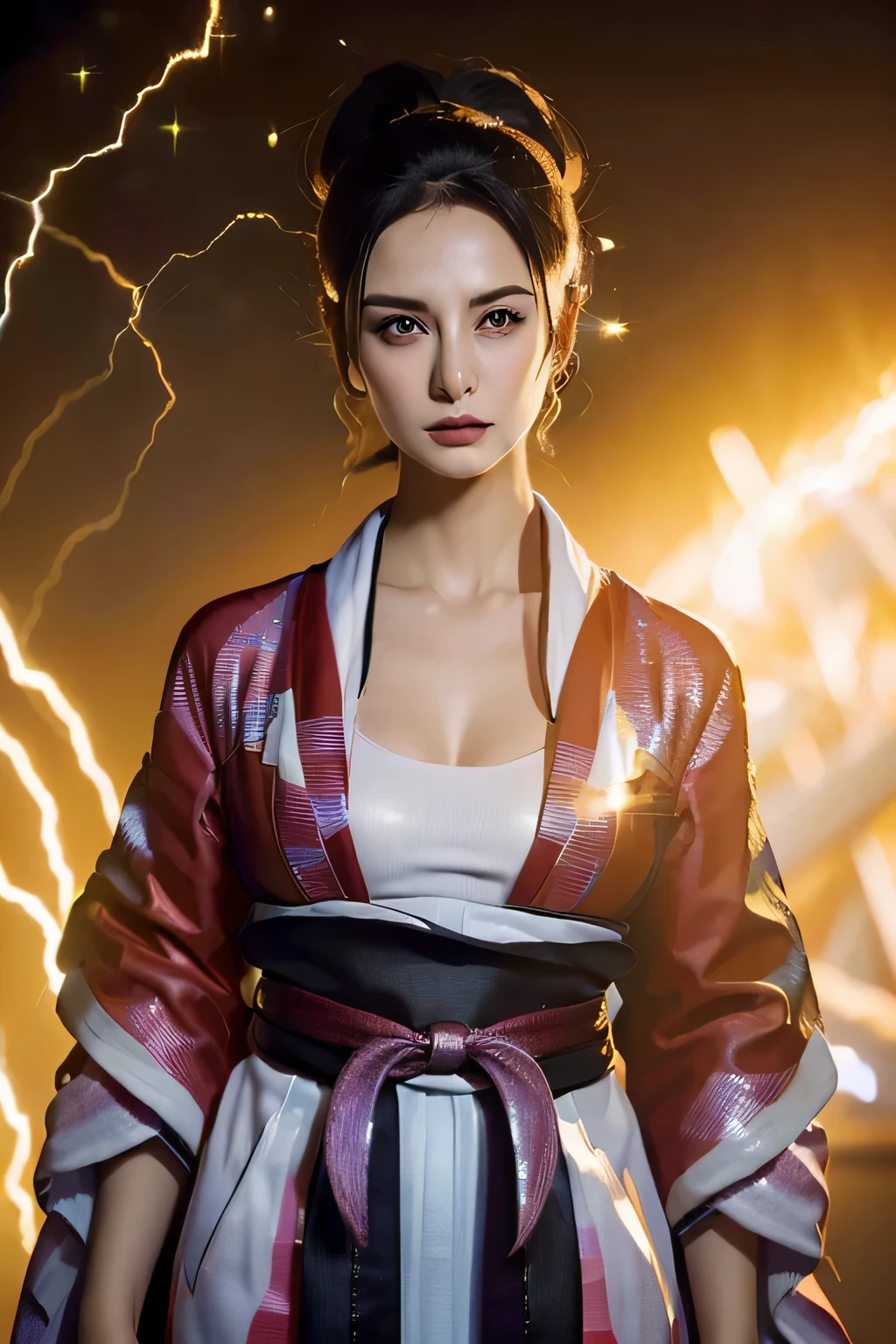 (dramatic digital artwork:1.3) of,(full of energy:1.3) portrait of female (Snezana Sakovic 2:1.1) wearing a kimono, Style-Silva Magic, おしゃれな女of子,cgsociety,art station、no makeup、skinny、Glittering lighting