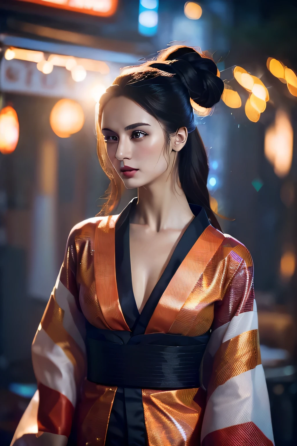 (dramatic digital artwork:1.3) of,(full of energy:1.3) portrait of female (Snezana Sakovic 2:1.1) wearing a kimono, Style-Silva Magic, おしゃれな女of子,cgsociety,art station、no makeup、skinny、Glittering lighting