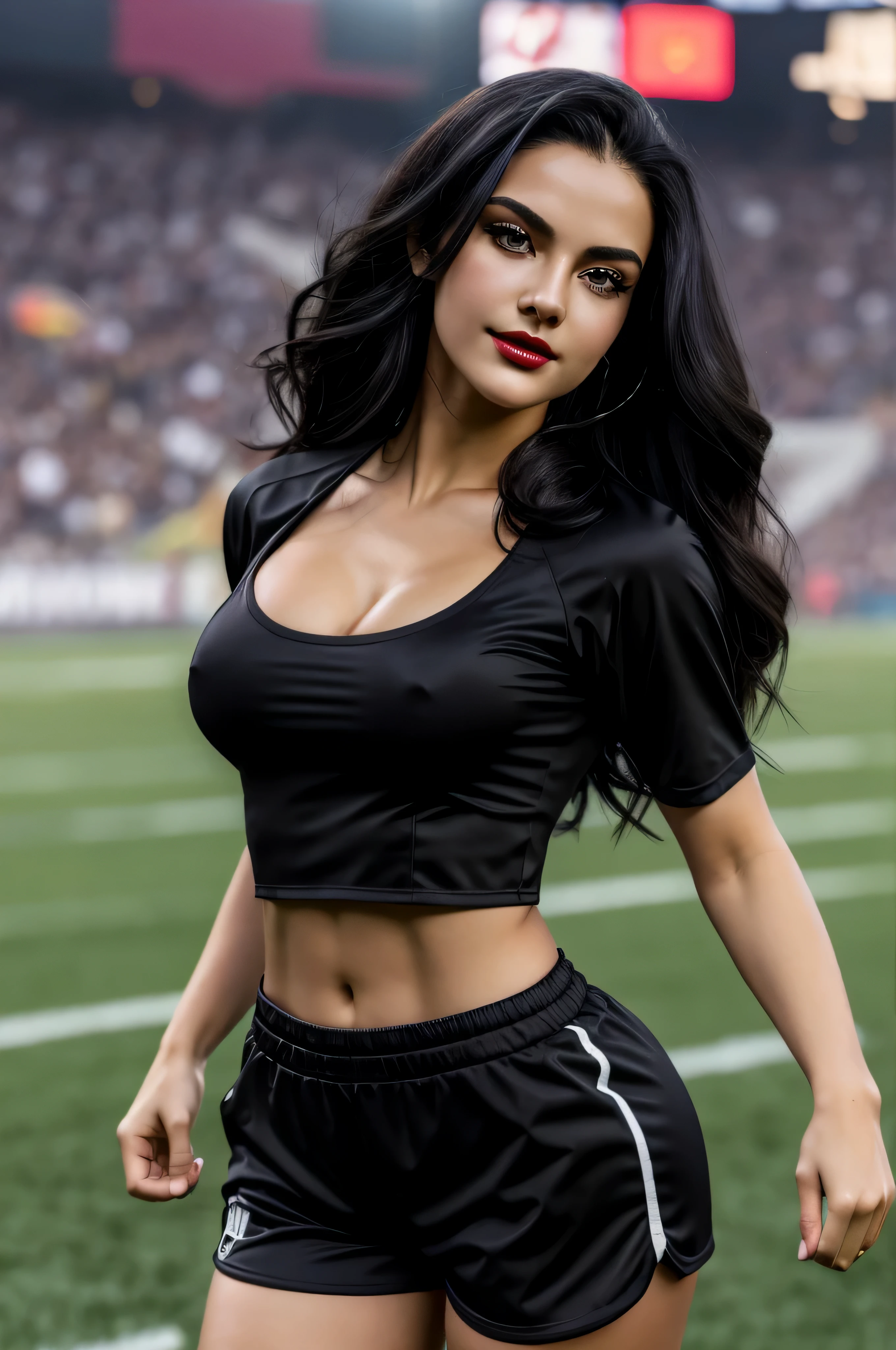 (best quality)), ((masterpiece)), (detailed), perfect face, Envision an art drawing of a female with dark black hair styled, her eyes adorned with smoky eyeshadow and dramatic eyeliner, in a short Argentina footballer t-shirt and shorts as a footballer, seductive smile, her curves, huge breasts, slim waist, curvy figure, proportionate hips, huge breasts. Use a dimly light setting to enhance her mysterious charm. red lips, running on a football field with other player, full body, perfect hands, perfect fingers