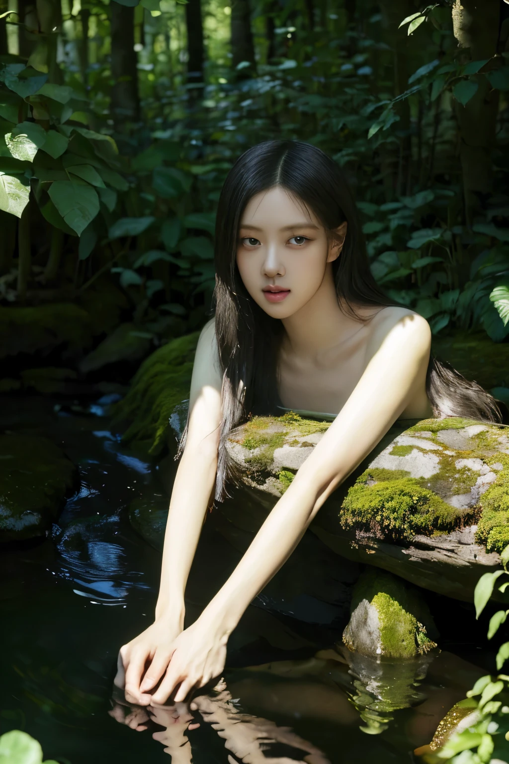 Rose from black pink, (full body), "({{1girl:1.1}} {{straight black hair:1.2}}), (artistic + masterpiece:1.4), (incredibly detailed eyes), wearing medieval long cotton nightie clothes)", Drenched hair，The background is a forest, sunset，Lazy expression, Masterpiece: 1.3), (8k, Photorealistic, Photo RAW, Best quality: 1.4), (Ultra high realism), (Ultra high definition), (Ultra high detail), (Increase contrast), (Increase saturation), Beautiful face, (Realistic face), Beautiful hairstyle, Realistic bright amber eyes, Beautiful details, (Realistic skin), Pale, smooth and luminous skin with iridescent shine and no imperfections, Ultra high definition, Ultra realistic, Highly detailed, (Cleavage: 0.8), sitting on a rock, feet in the water, (masterpiece, best quality, award winning, highres), skinny, intricate and beautiful design, highly detailed beautiful face, super detailed beautiful eyes, light smile, sitting near stream, forest, leaves flow, windy, sun lights through forest, fantasy art, dynamic lighting, cinematic lighting, extremely CG detail, octane render, (natural skin texture, soft light, sharp:1.2)