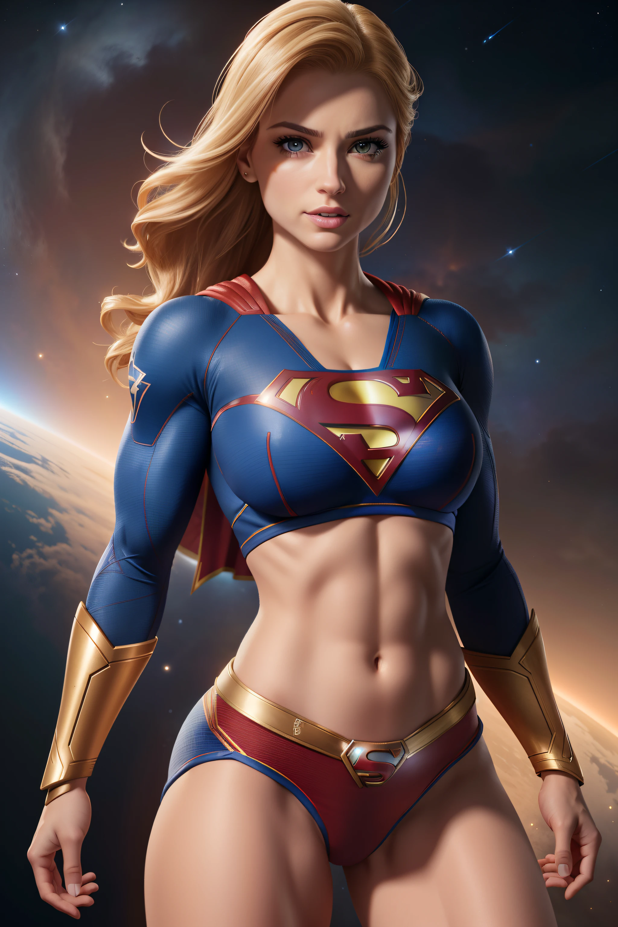 ( master part, 4k resolution, ultra-realistic, Very detailed) Sexy Supergirl revelando abdominais midriff seios grandes fotografia por artgerm, no estilo do realismo, pele cintilante, Cartooncore, Mangacore, natural lighting, Defined full lips. Female body muscle fitness (in space)