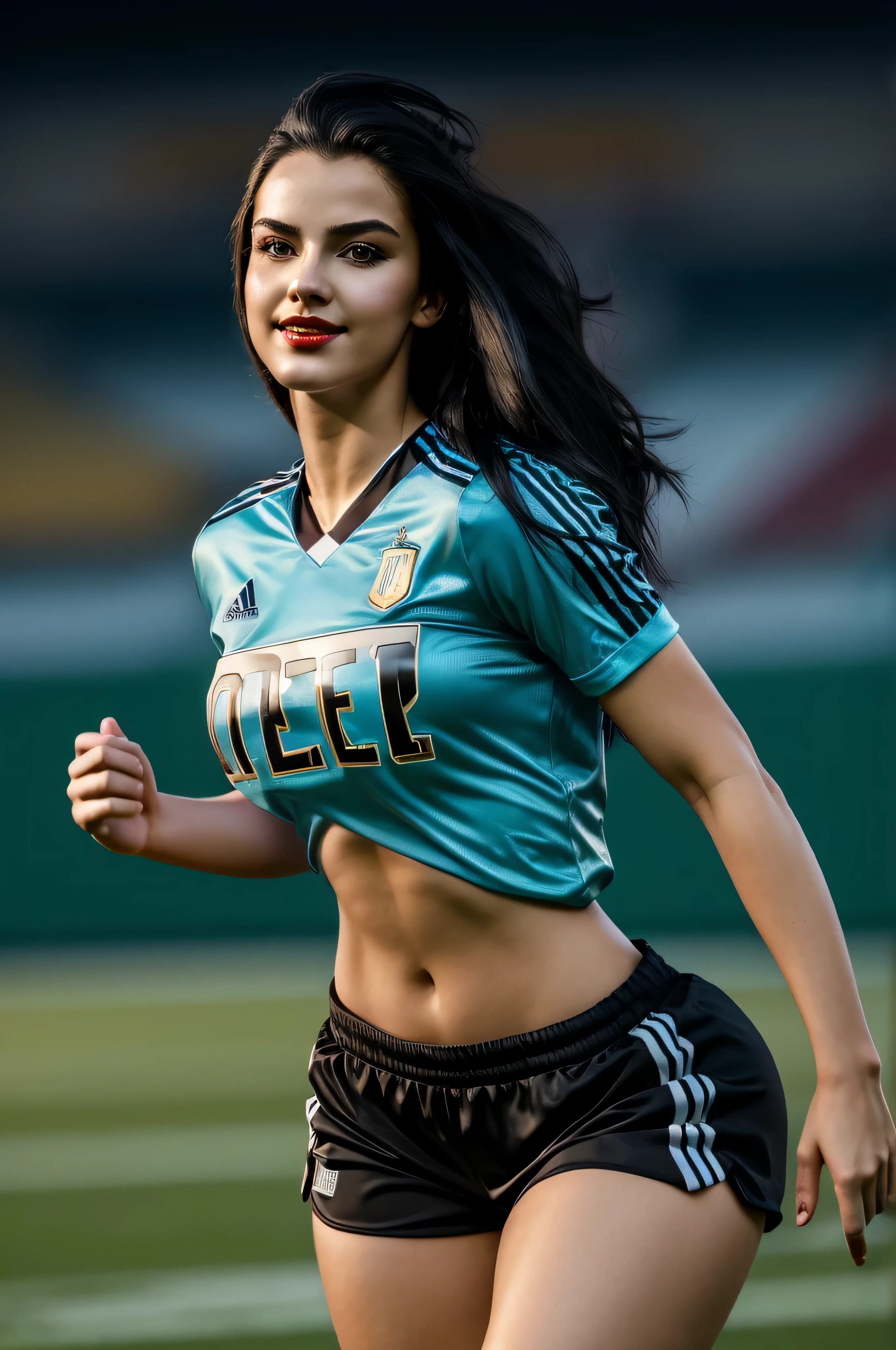(best quality)), ((masterpiece)), (detailed), perfect face, Envision an art drawing of a female with dark black hair styled, her eyes adorned with smoky eyeshadow and dramatic eyeliner, in a short Argentina footballer t-shirt and shorts as a footballer, seductive smile, her curves, huge breasts, slim waist, curvy figure, proportionate hips, huge breasts. Use a dimly light setting to enhance her mysterious charm. red lips, running on a football field with other player, full body, perfect hands, perfect fingers