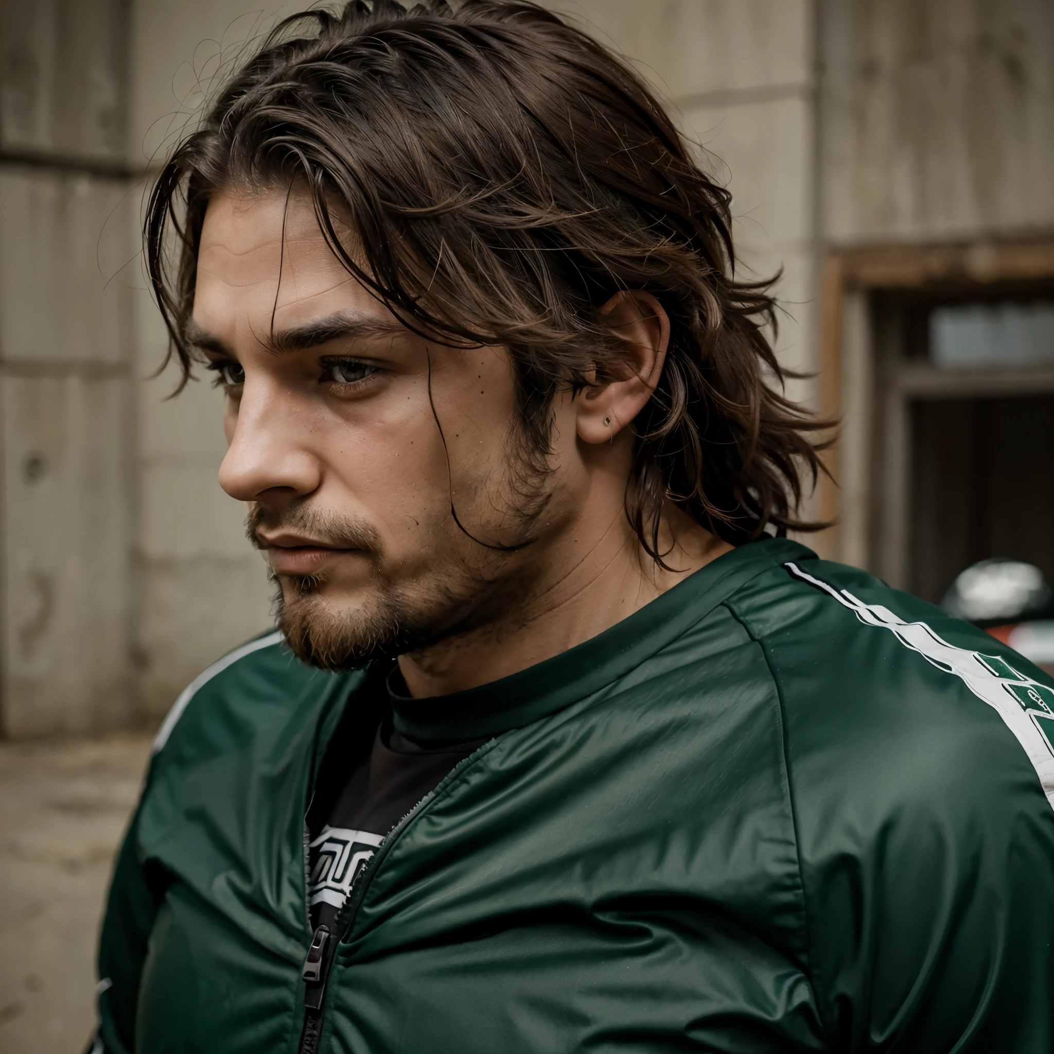 Dark green eyes, masculine, plae skin, thick and messy hair, a sportsbike rider