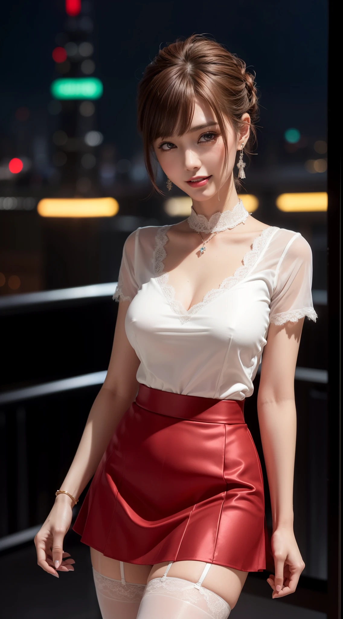 8k, masterpiece, RAW photo, best quality, photorealistic, extremely detailed CG unity 8k wallpaper, Depth of field, Cinematic Light, Lens Flare, Ray tracing, (extremely beautiful face, beautiful lips, beautiful eyes), intricate detail face, ((ultra detailed skin)) 1girl, in the dark, deep shadow, pretty Asian girl, idol, 1 girl, (very slim slender fit-muscled body:1.3), ((looking at viewer)),(big smile:1.3), (tight laced blouse), ((white color blouse)), (short sleeve) , (city night, dark night, (neon sign), (blurred background), dim lights, cityscape, rooftops, beautiful earrings, bracelets, necklace, hose, clear eyes, (pale skin), (big eyes), face forward, ((upper body shot)), (silk red color skirt), (brown hairs),((laced skirt)), (looking at viewer:1.3), open breasry slim), medium breasts,((f laced)), updo hair, mini skirt, short hair, laced stockings