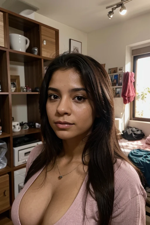 rostro y cuerpo detallado ultrarealista mujer latina desnudai en su habitacion