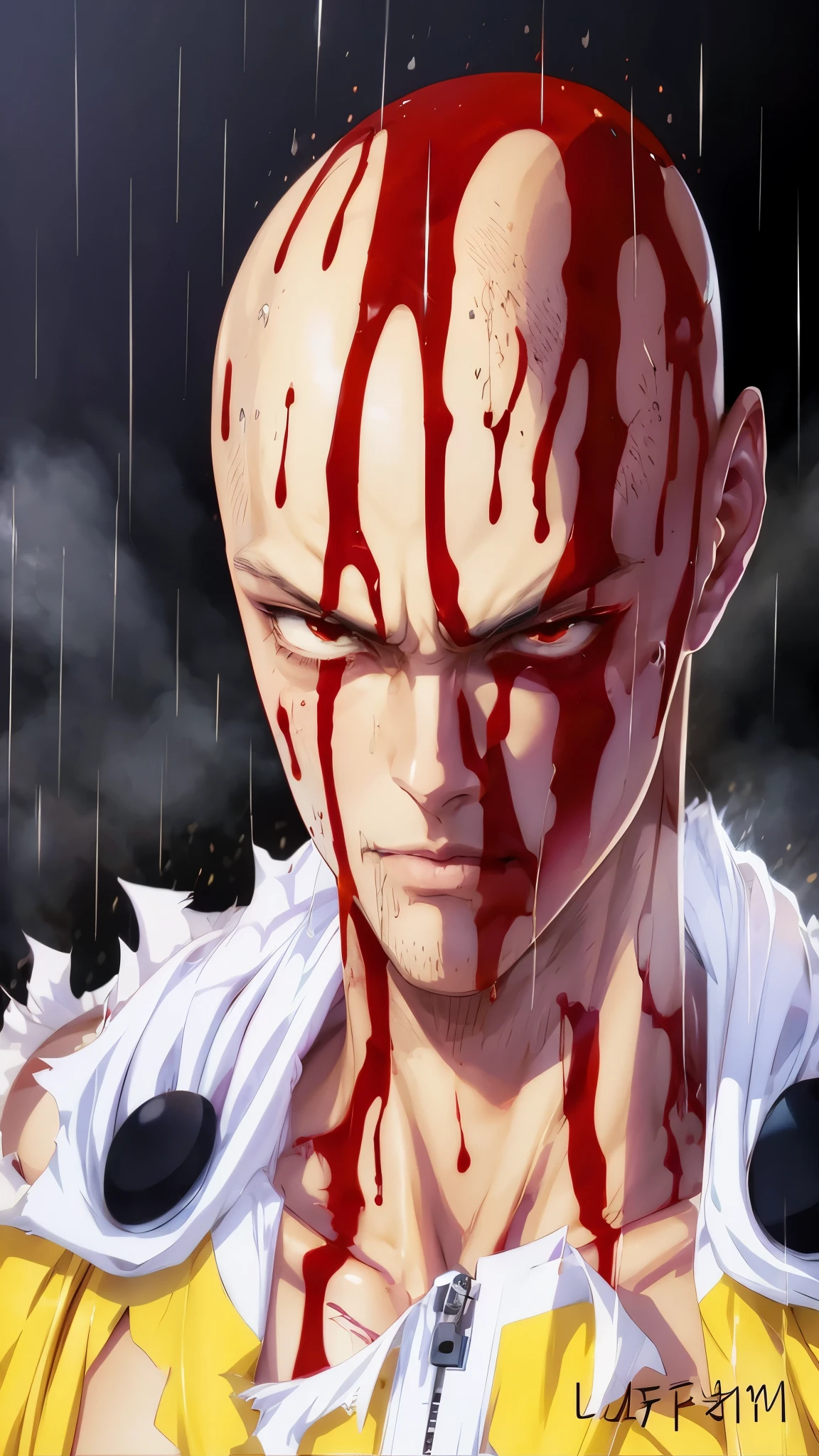 anime character with blood dripping on his face and a white shirt, handsome saitama, chef saitama one punch man, saitama, portrait of saitama, one punch man manga, one punch man, handsome saitama. intricate, he's very menacing and evil, epic anime style, anime key visual like saitama, badass anime 8 k, rain!!!!