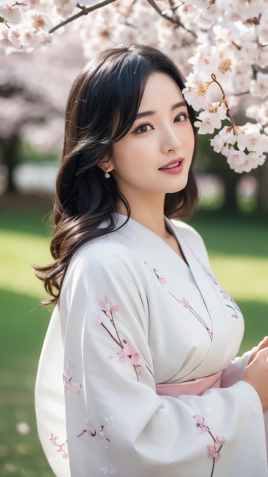 (logo、masterpiece、8k、table top、RAW photo、wonderful、最high quality、Photorealistic and hvery detailed CG integrated 8k wallpaper、high quality、very detailed、Narrative poem、particle effects、dynamic effects、written boundary depth、cinematic light、Lens flare、ray tracing)、fantasy、 (1 beautiful woman、white kimono、Japan Dress、white cherry blossom pattern、White cherry blossom embroidery pattern、black haired、beautiful face、real face、beautiful details eyes beautiful skin)、Hair flutters in Wind、hair bounces、pink cherry tree、petals dance、SakuraFubuki、wonderful景色、sunrise、sun on background、Wind、god々、teeth、god話、vast land