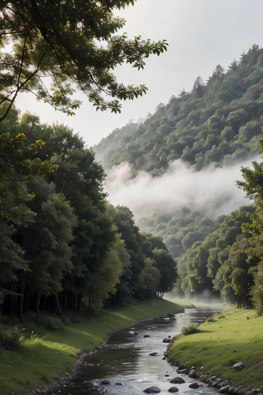 small misty, dense forest with fruit trees and river
