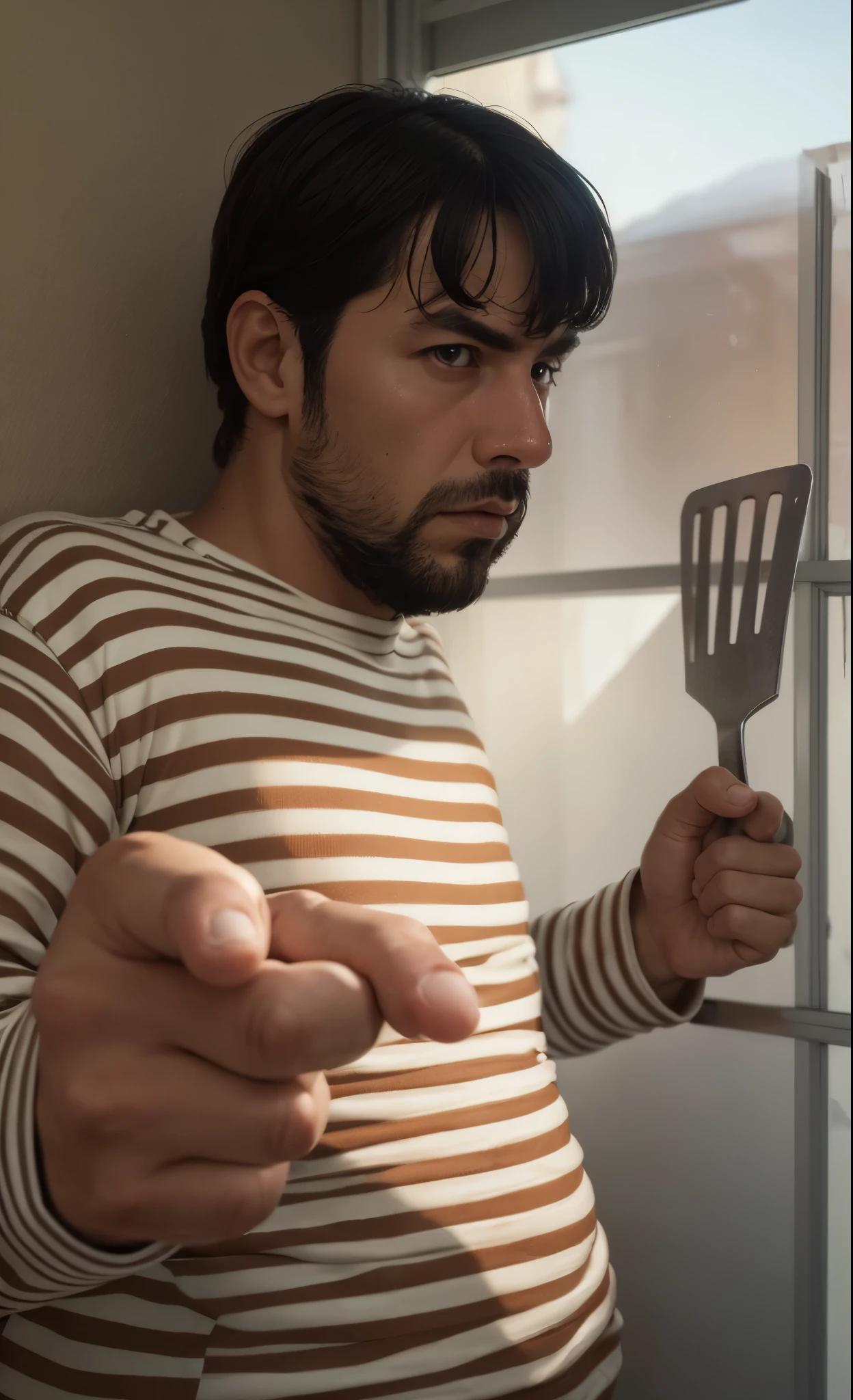 Masterpiece, detailing, rutkowski, pancake hero man, formidable face, standing sideways to the camera, pointing his finger at us, spatula (fish slice) in his back hand. very fat person(dressed in pancake robe), decorated with dough, simple dark honey textured background