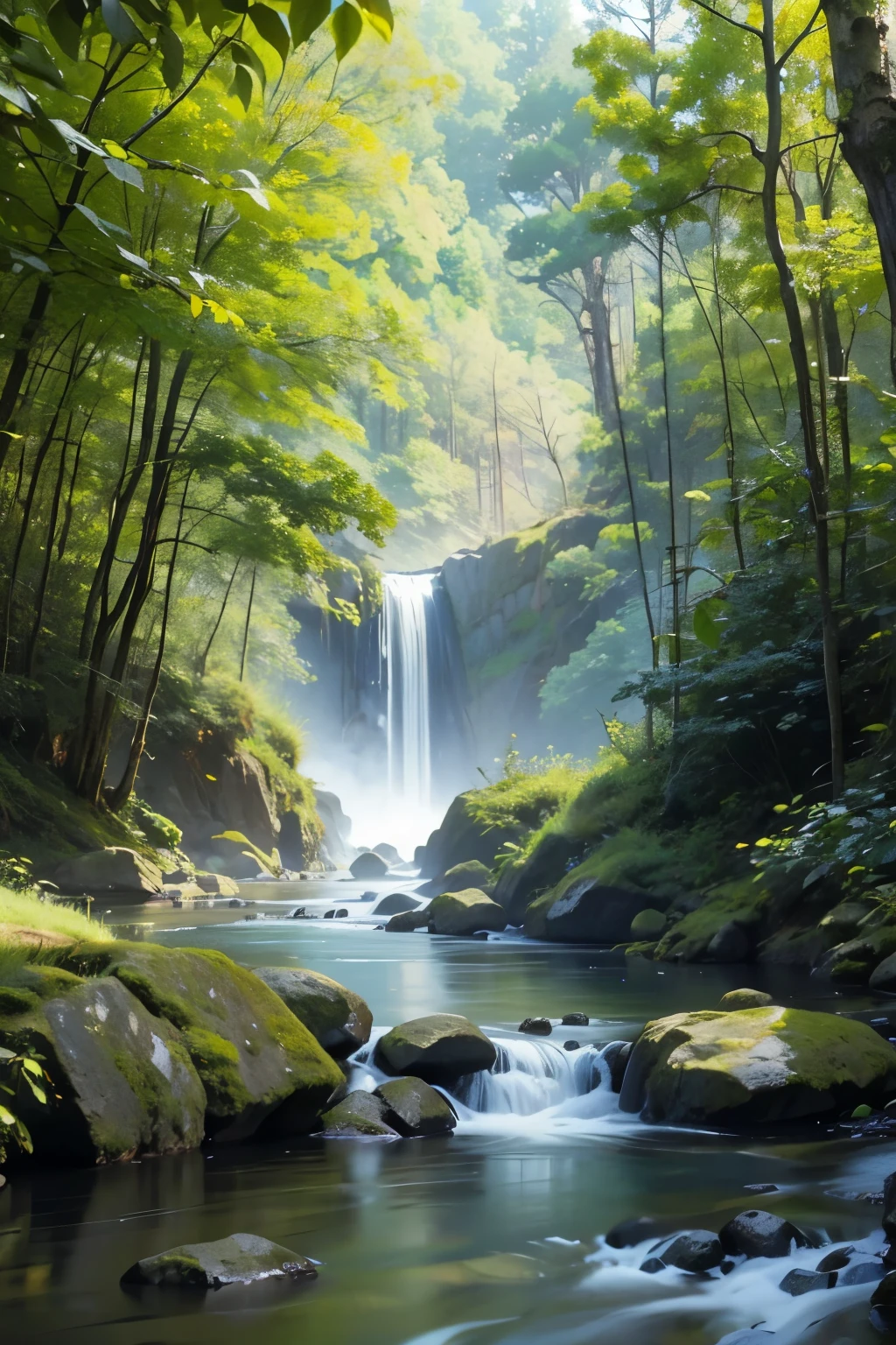 small misty, dense forest with fruit trees and river