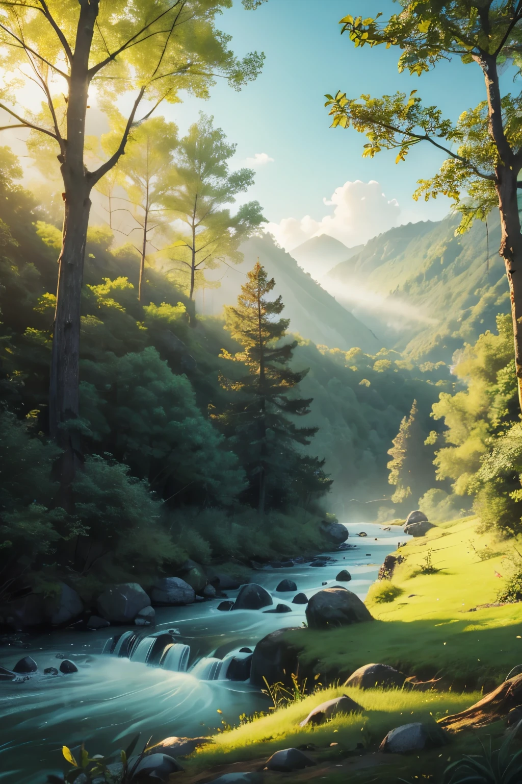 small misty, dense forest with fruit trees and river