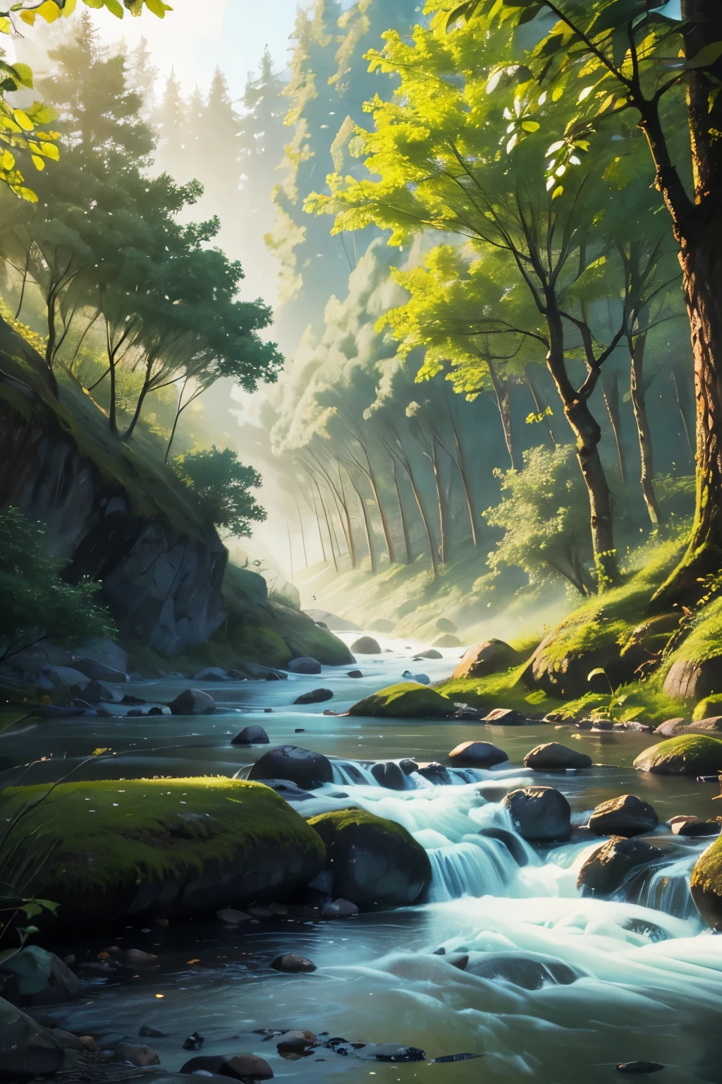 small misty, dense forest with fruit trees and river