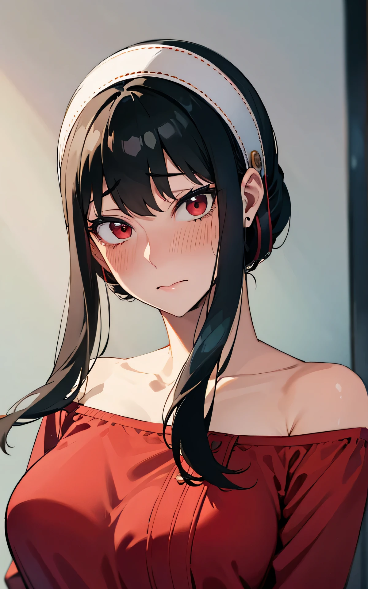 absurderes:1.8, realistic, Unity 8K Wallpaper, Masterpiece, detailed hair, highly detailed, realistic glistening skin、(dark-haired、short hair with long locks、white hairband、Red Eyes、off shoulders、Red Sweater、long-sleeve)、(embarrassed、blush:1.3)、light smile
